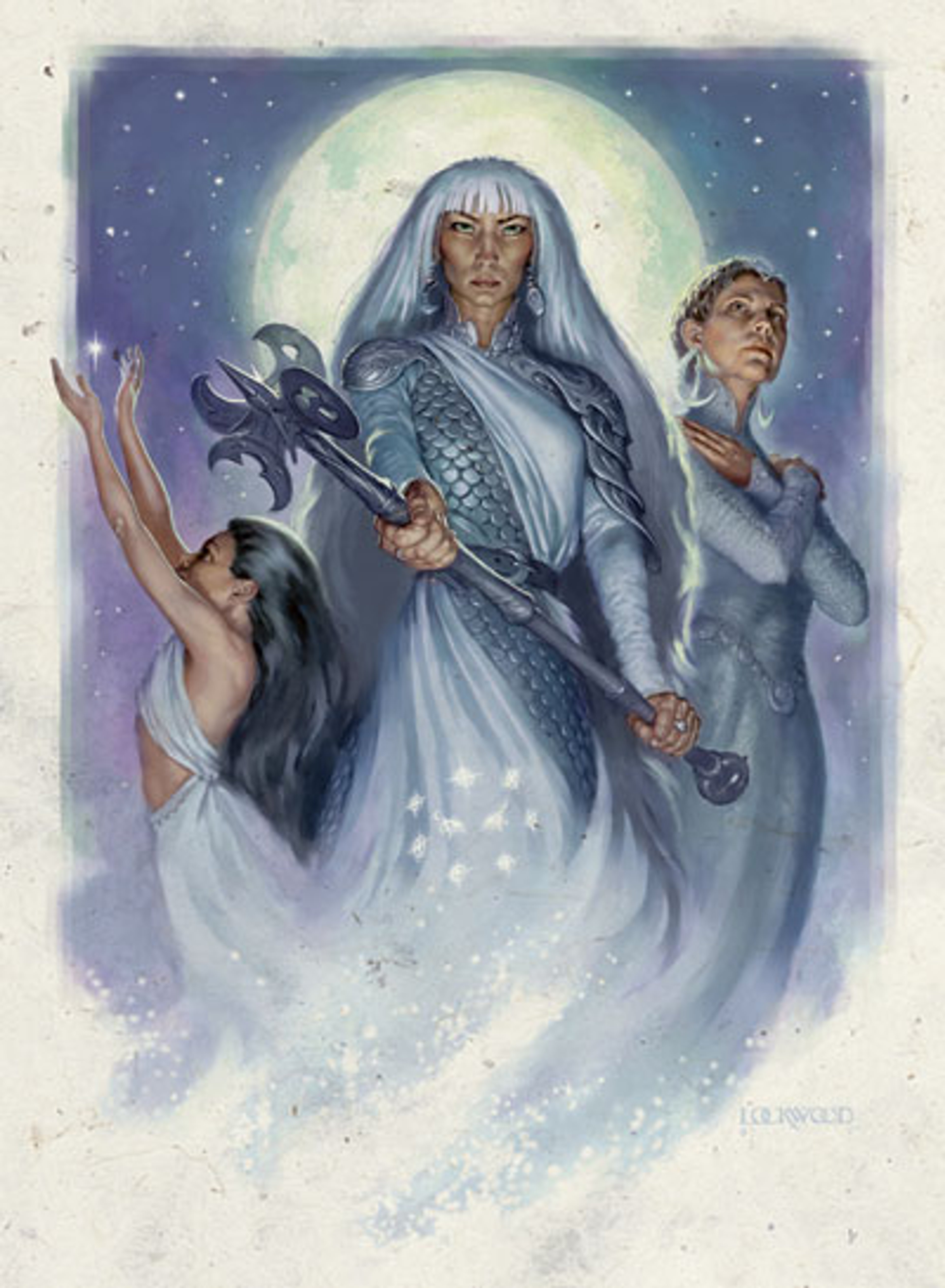 A powerful and mysterious female figure with silver hair and a shifting, lunar-inspired appearance, surrounded by celestial imagery.