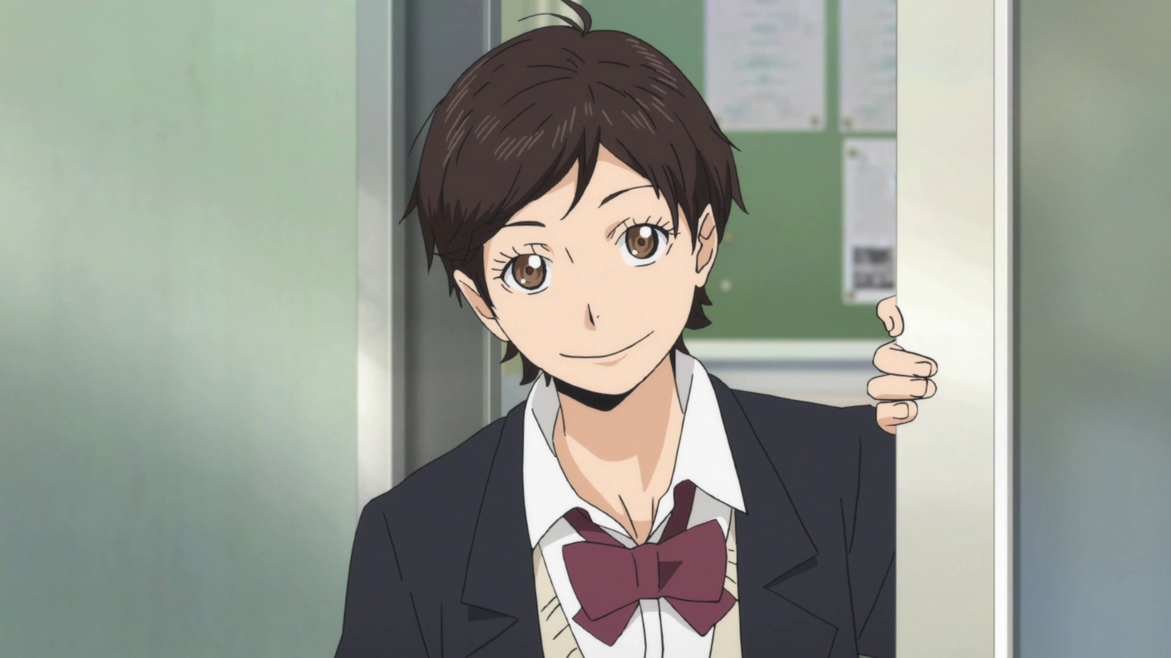 An anime-style character of a young female high school student with short dark hair and a school uniform, smiling cheerfully.