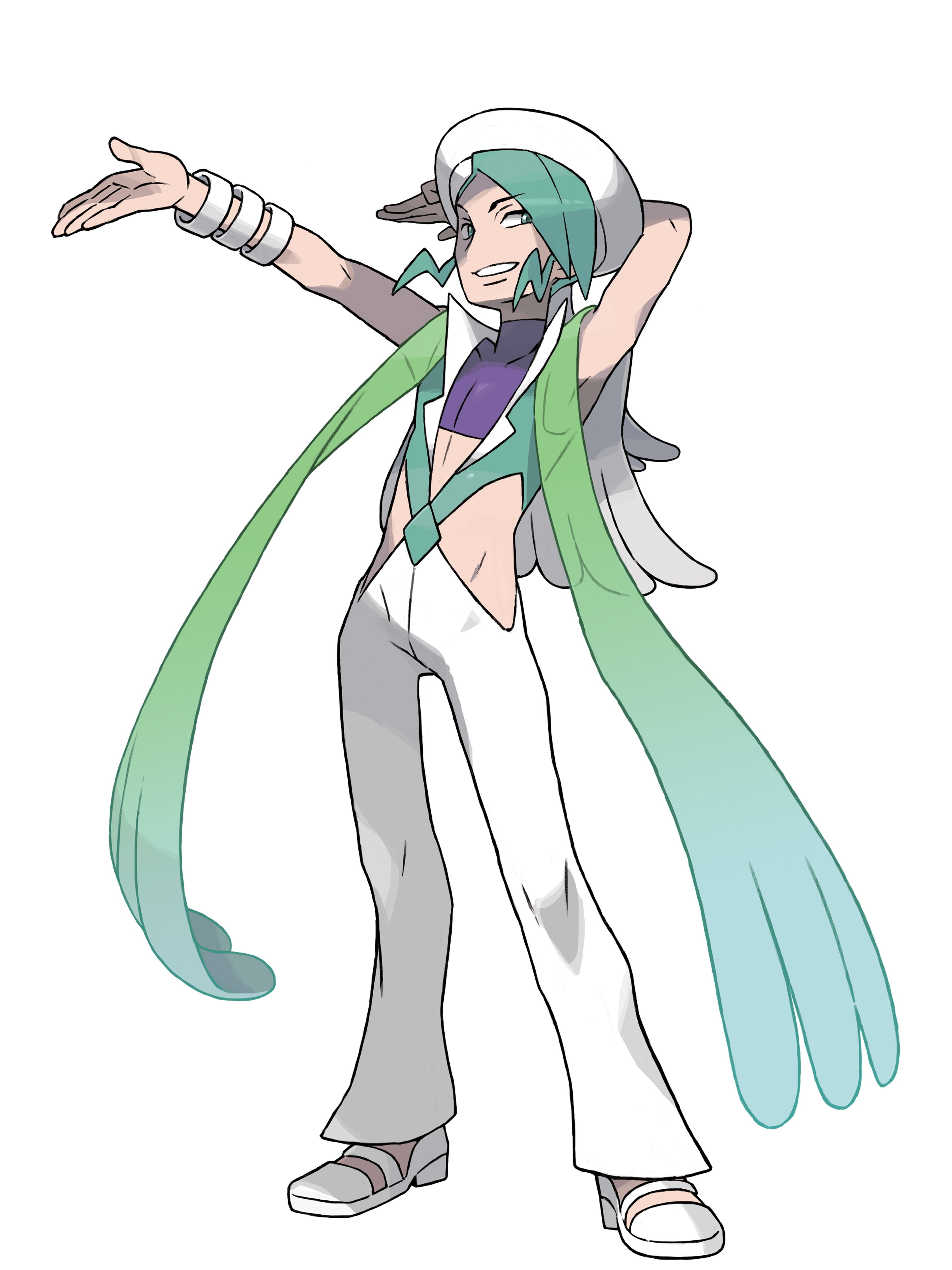 A tall, graceful character with teal blue hair and light blue eyes, wearing a flowing, colorful outfit.