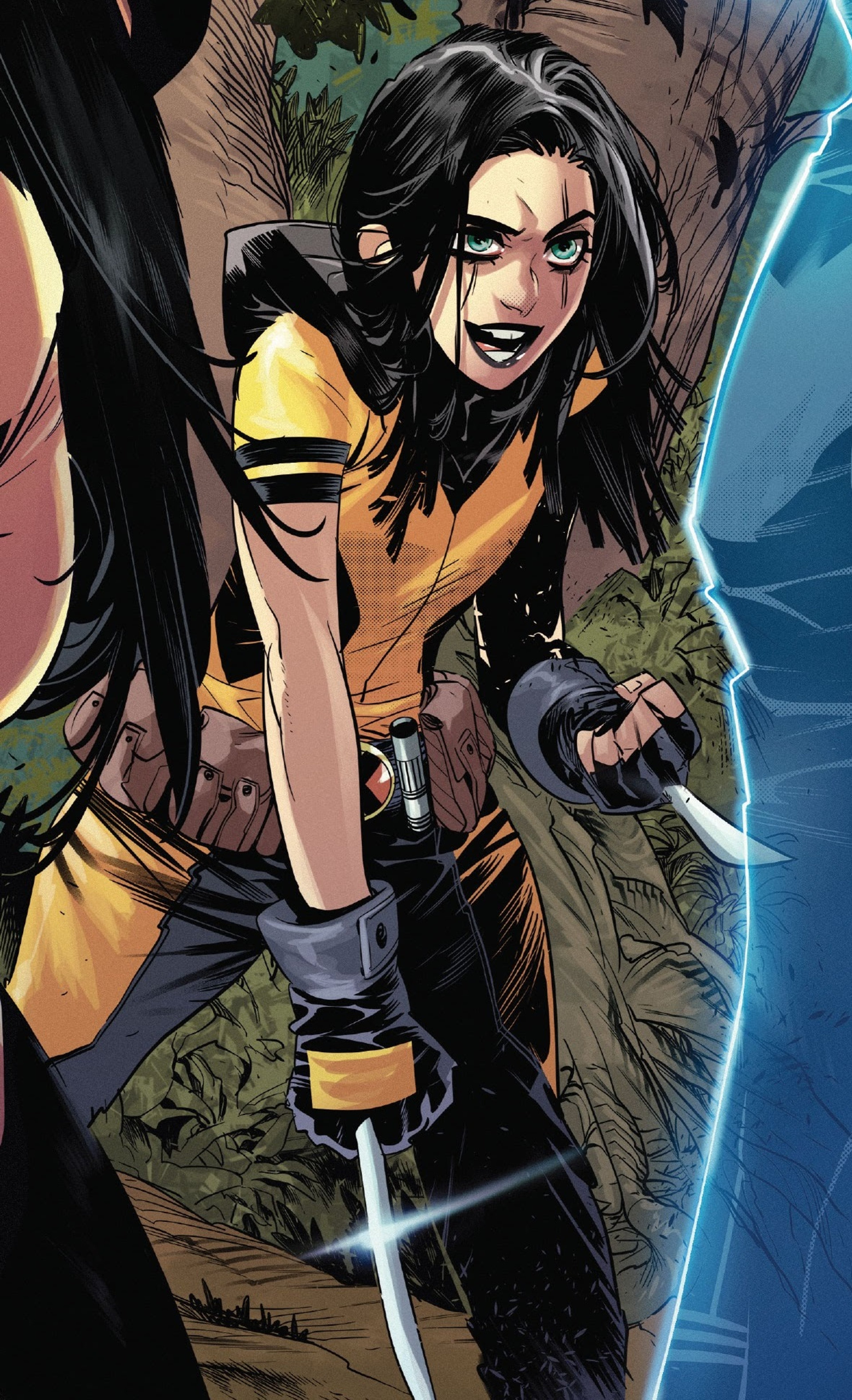 A young woman with facial scarring and a sword, wearing a yellow and black outfit.