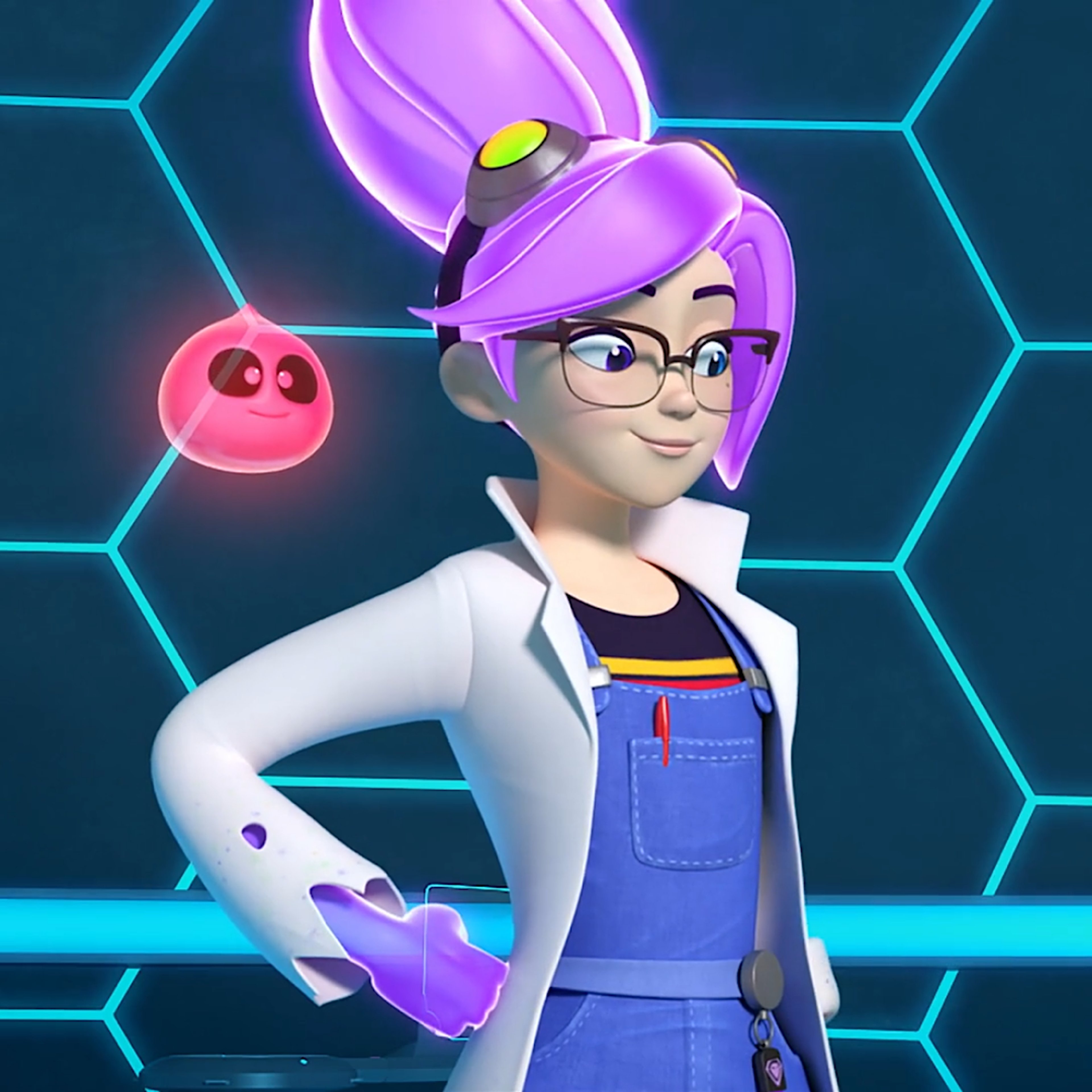 An animated female science teacher character with purple hair and glasses, wearing a lab coat and overalls, holding a small pink ghost-like creature.