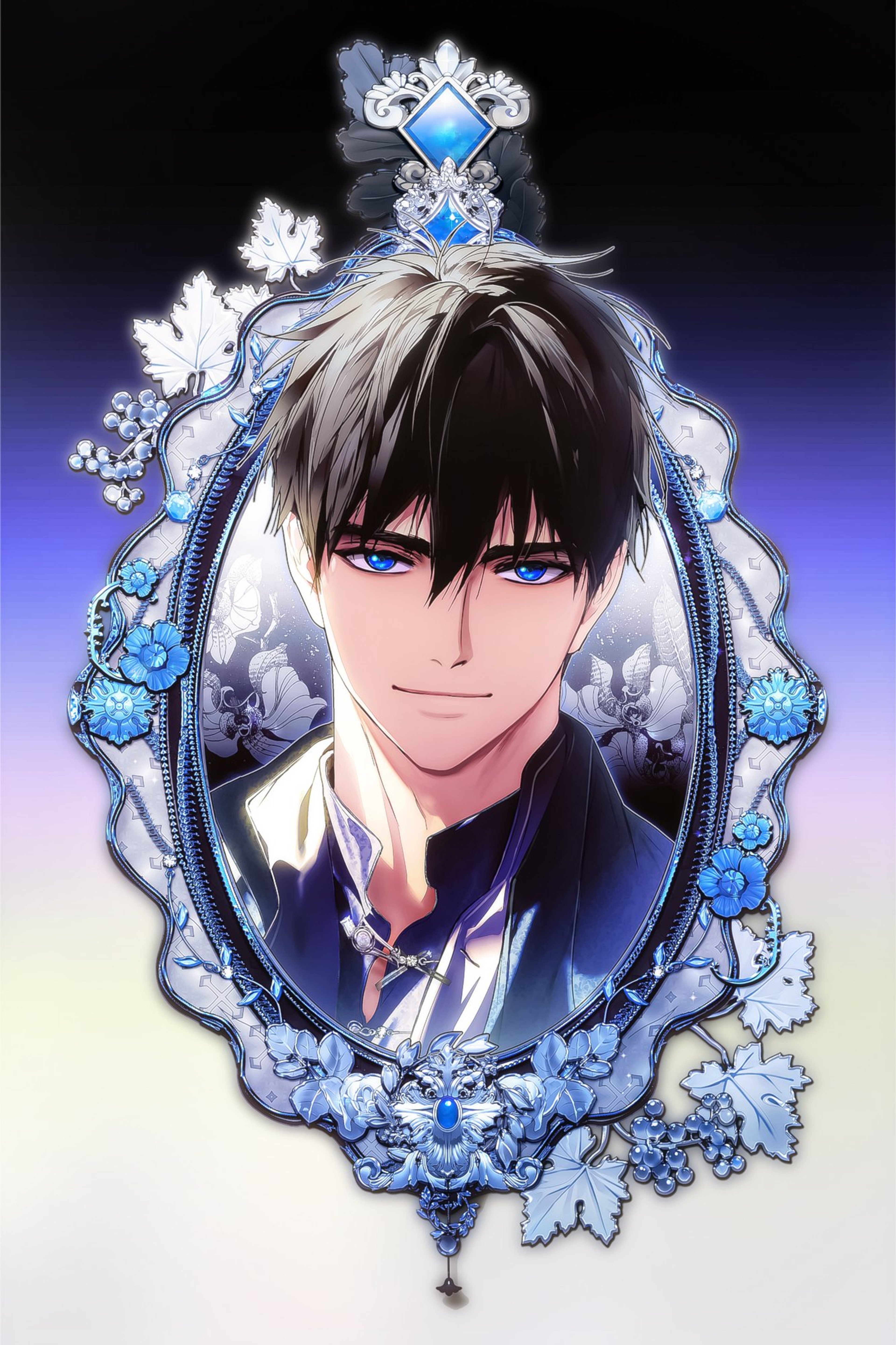 A young man with dark hair and blue eyes wearing a white and blue outfit with a crown-like headpiece.