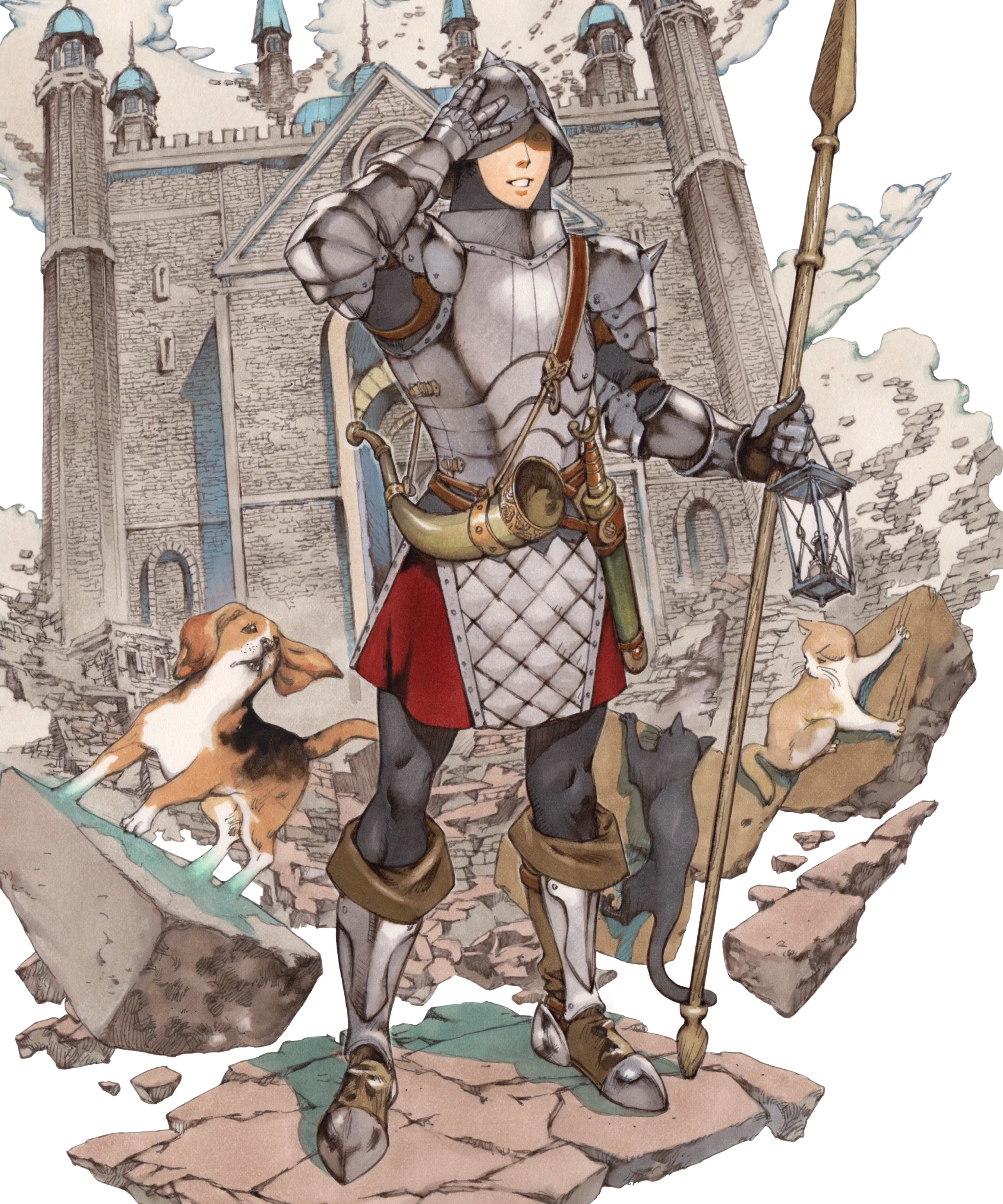 A heavily armored medieval knight standing in front of a castle