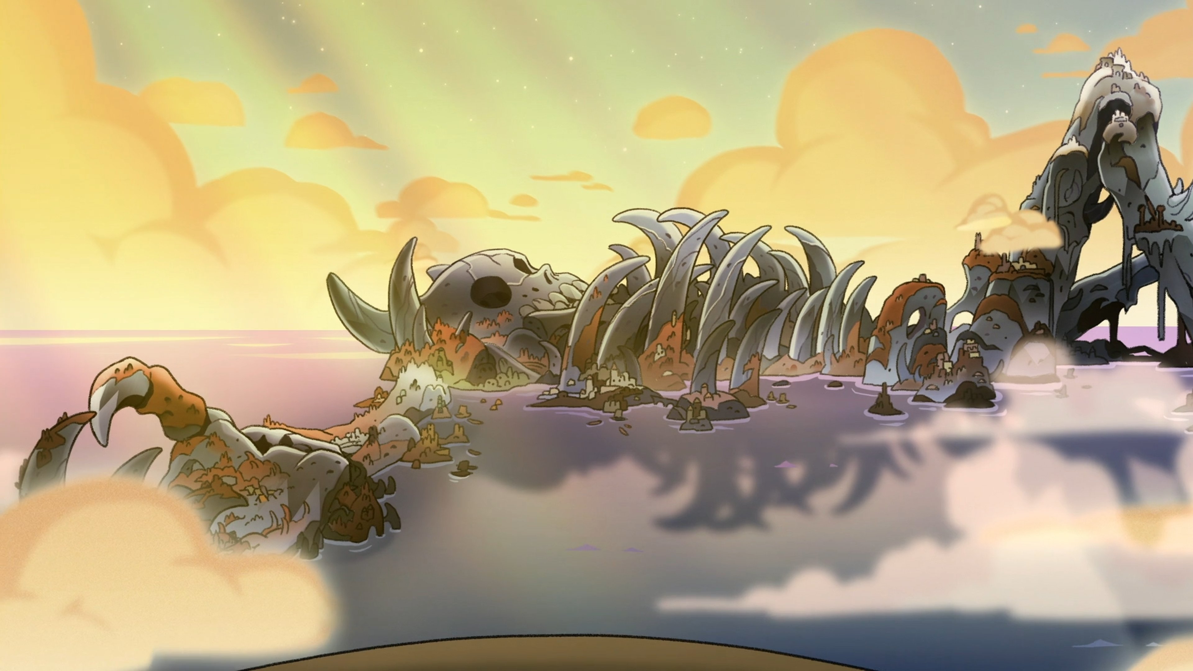 A massive, ancient titan-like being whose physical form has become the foundation of a fantastical landscape.