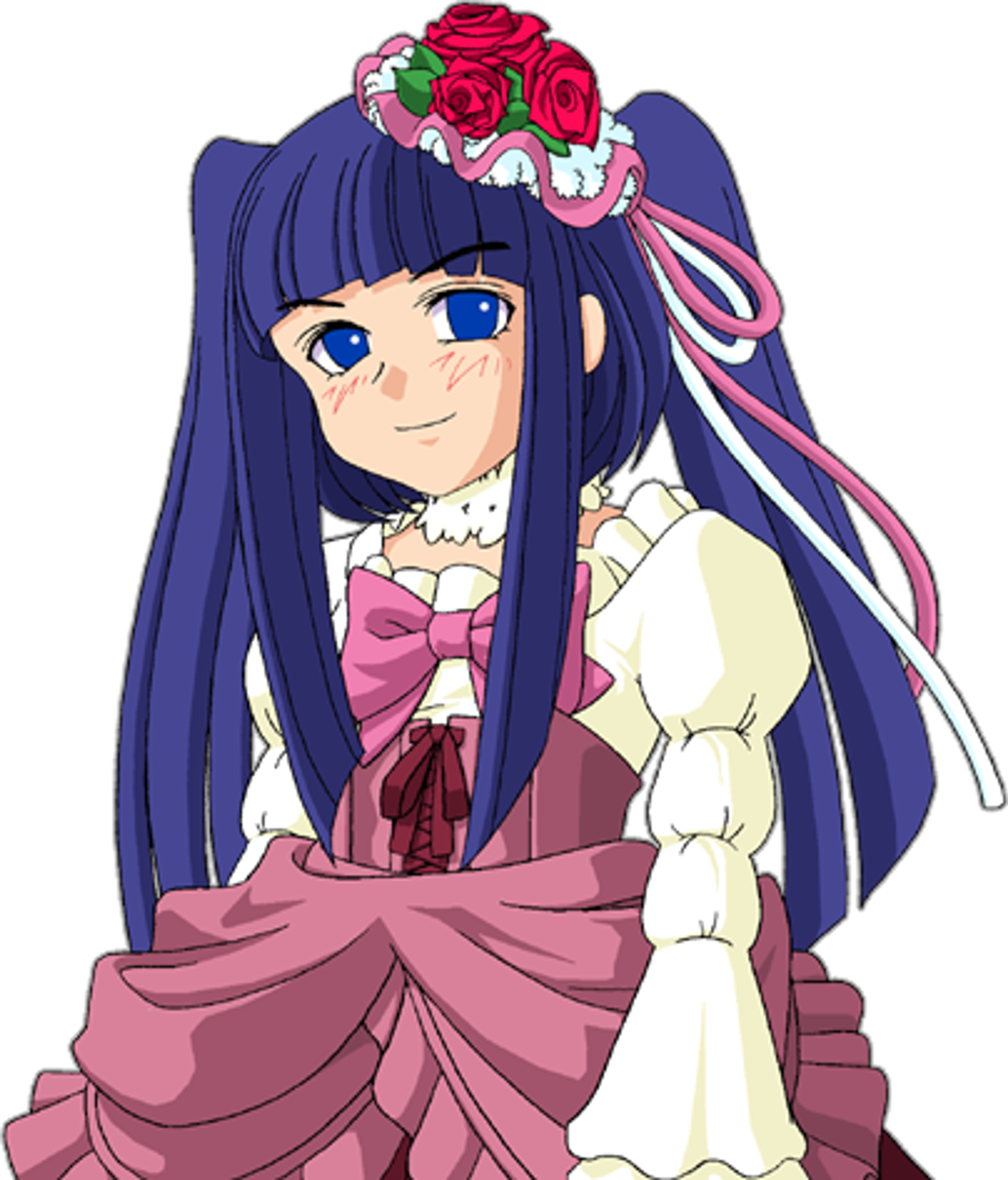 An anime-style girl with blue hair in pigtails wearing a pink dress