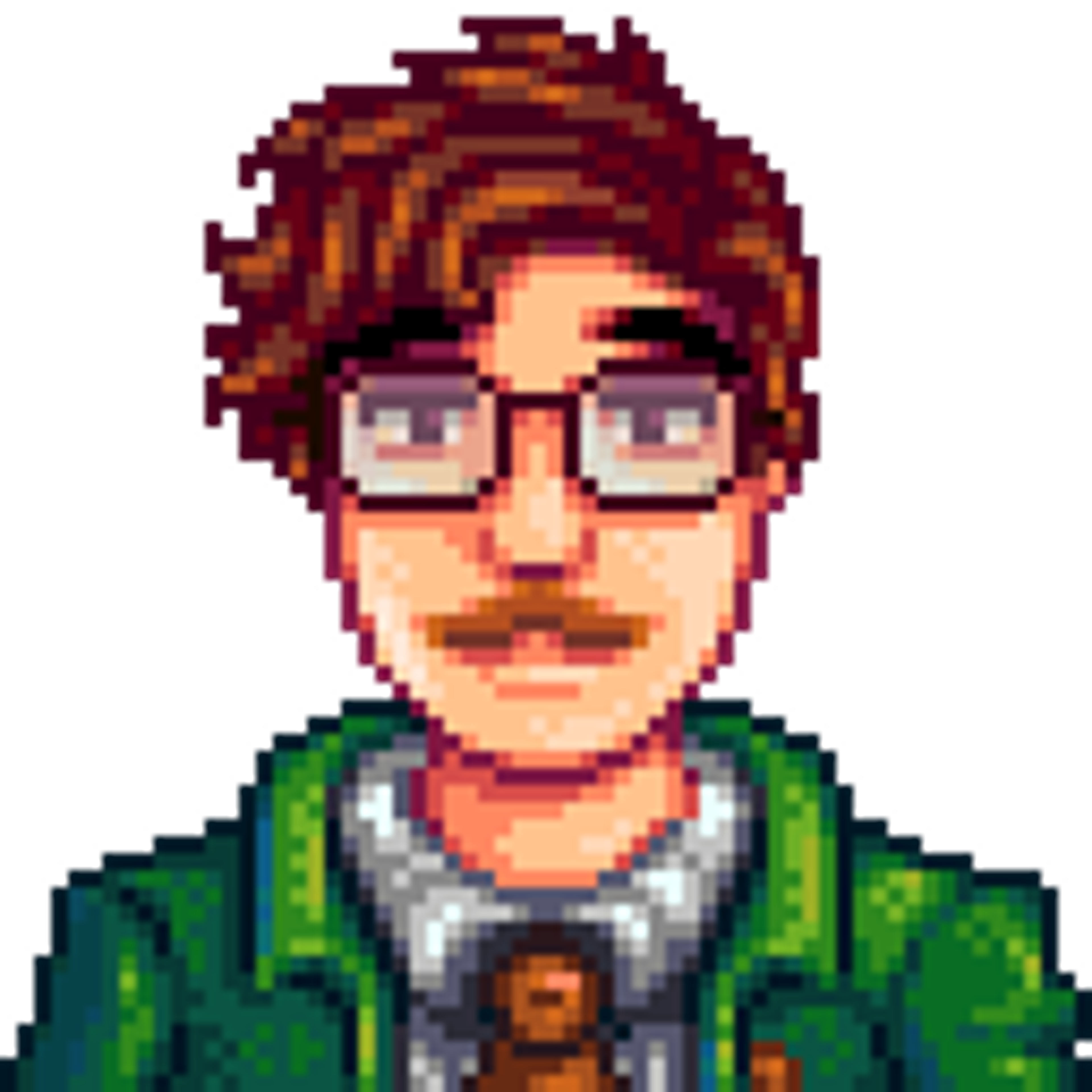 A pixel art character of a middle-aged man with glasses, a mustache, and a green jacket.