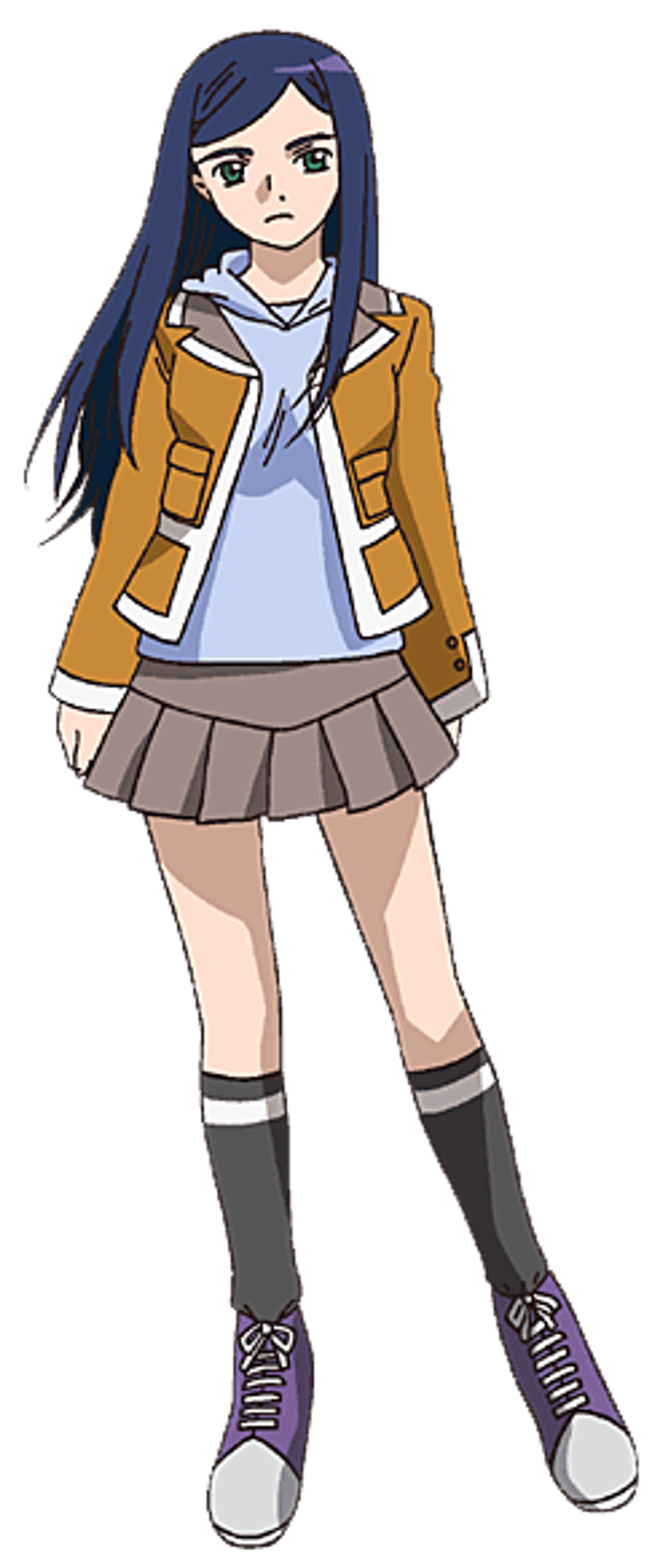 A young woman with blue hair and green eyes, wearing a yellow jacket, white shirt, and a short skirt, standing in a confident pose.