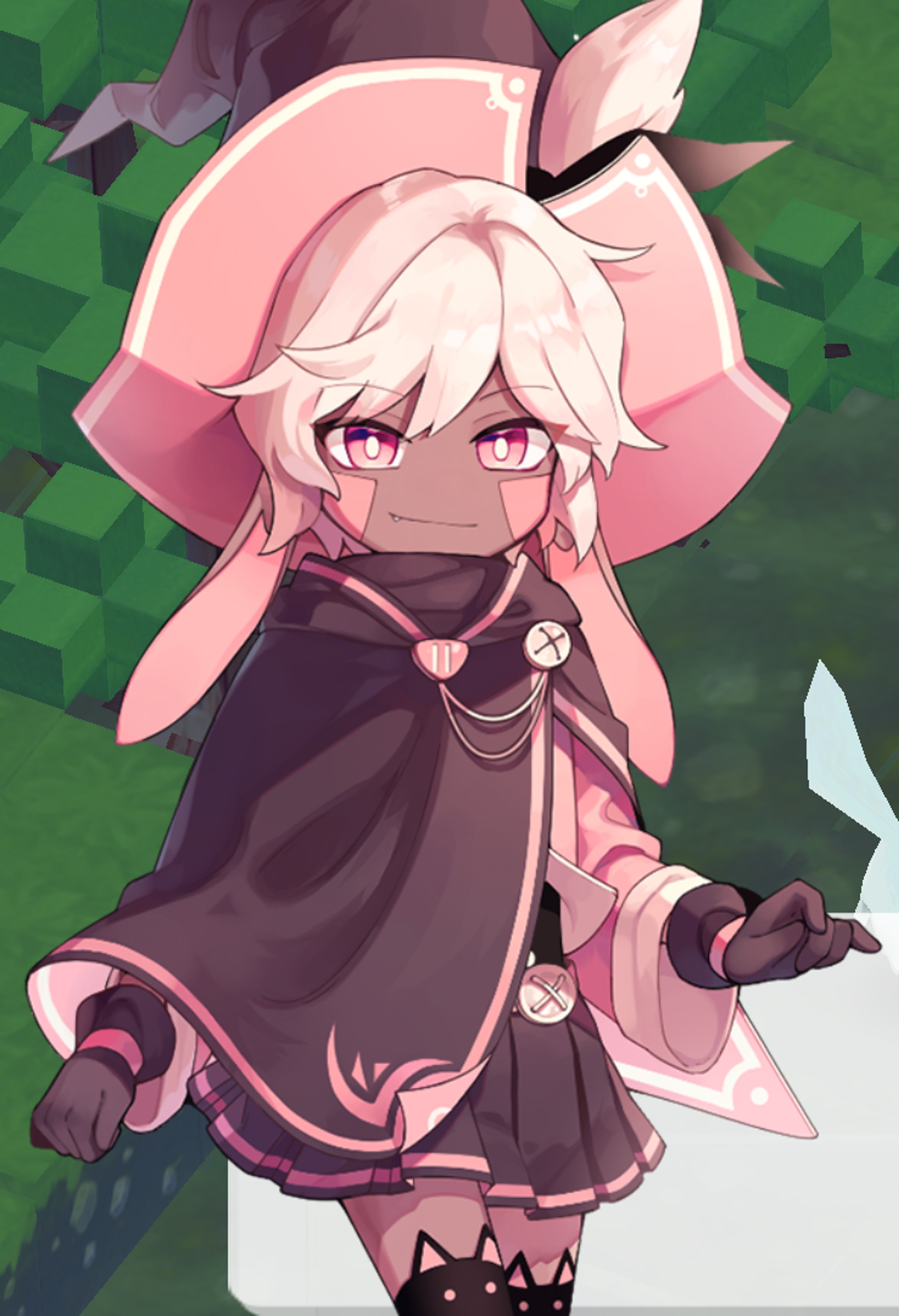 A cheerful, pink-haired anime-style character in a dark outfit with a pink bow