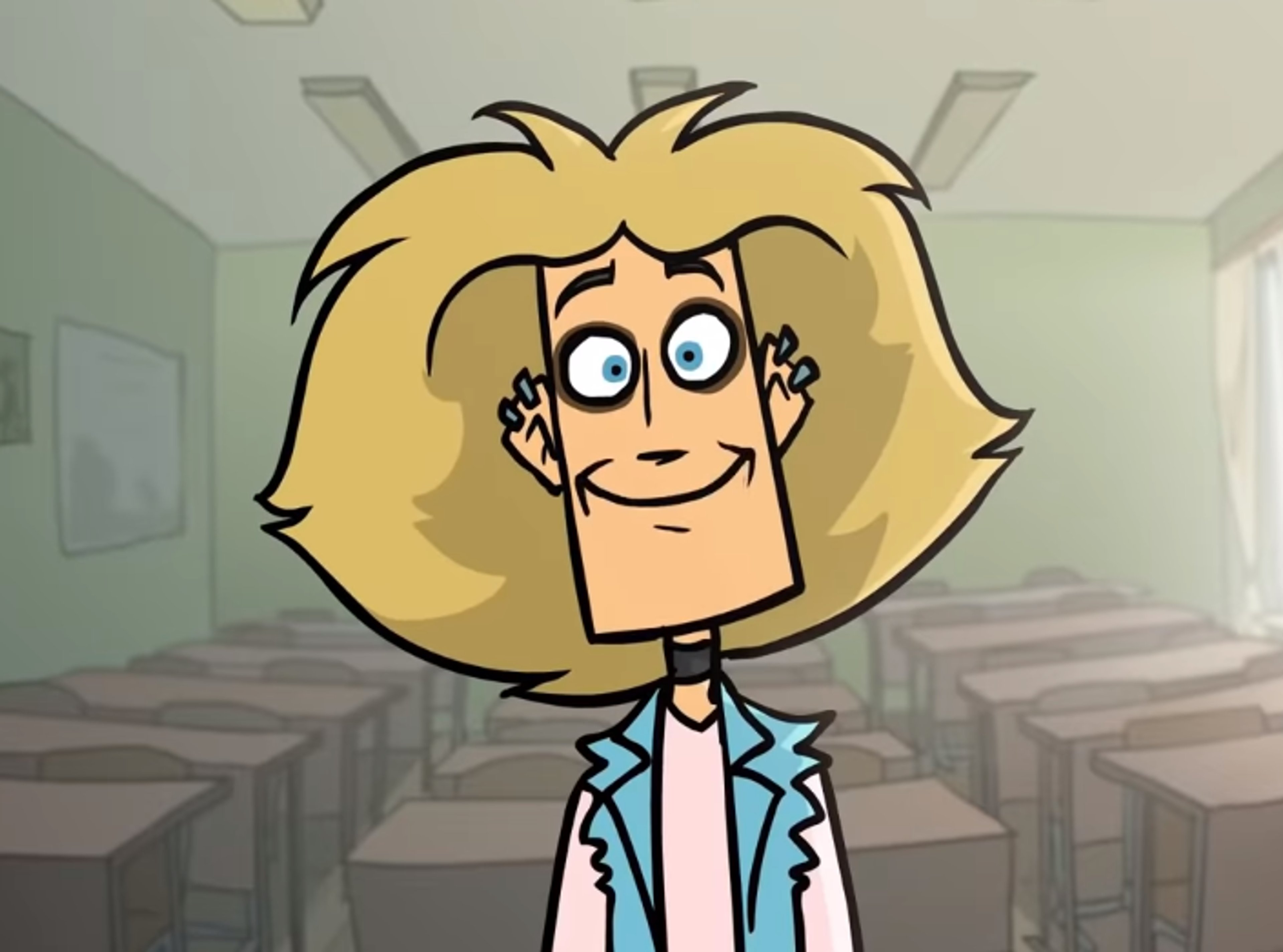 A cartoon character with fluffy blonde hair and bright blue eyes