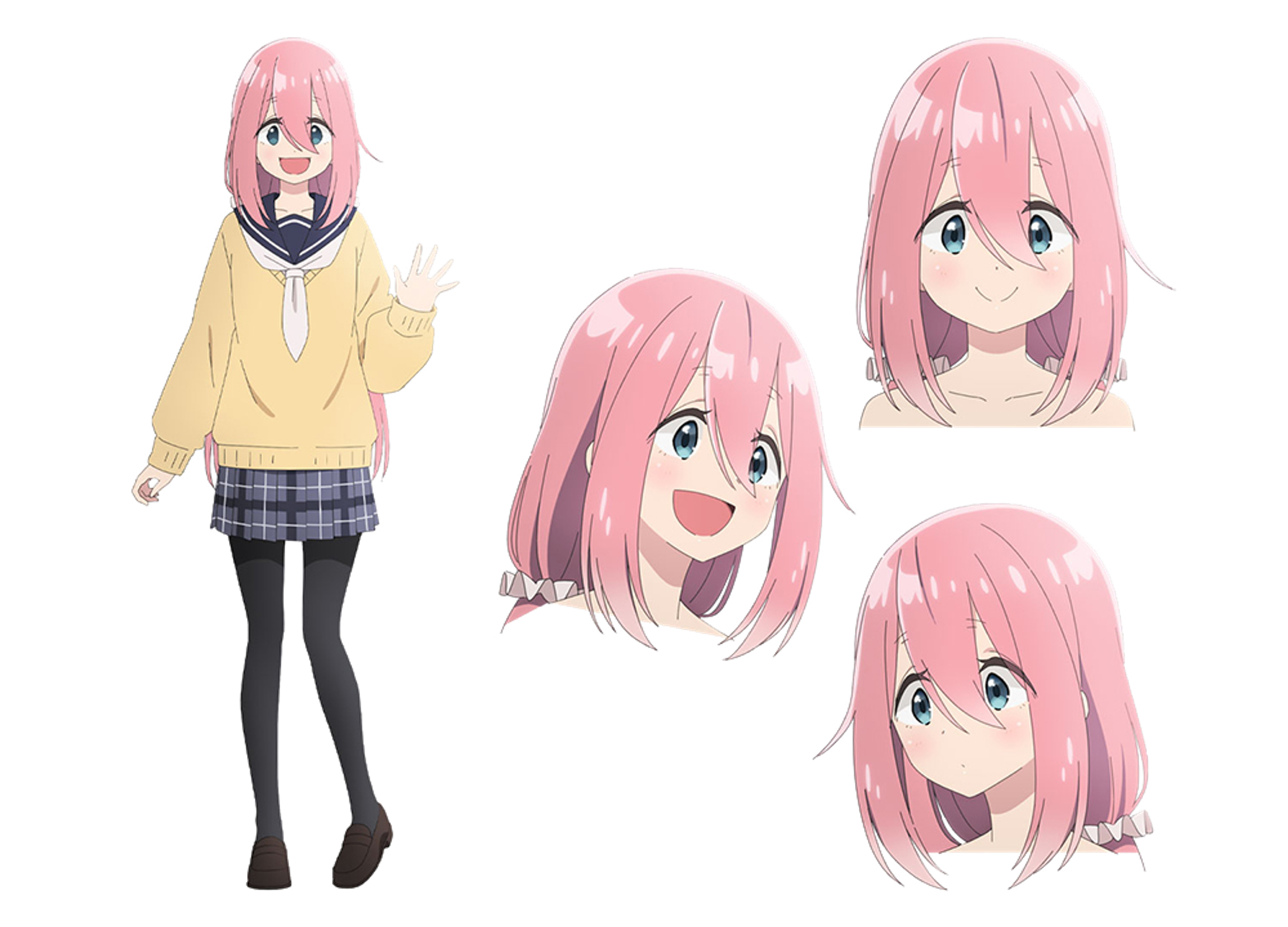 A cheerful, pink-haired teenage girl in a yellow sweater