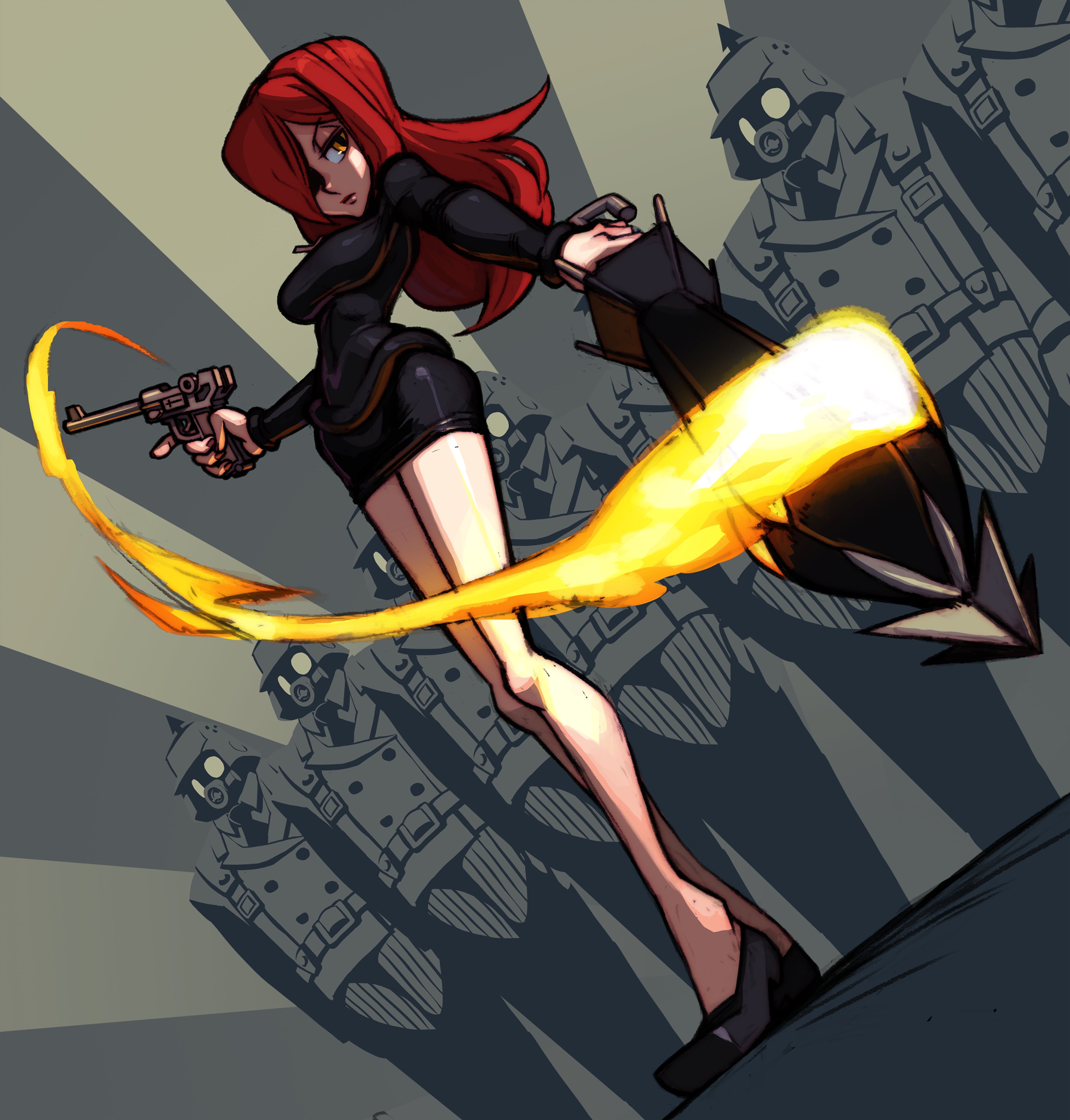 A female character in a black outfit and red hooded cape wielding a sentient umbrella-like weapon