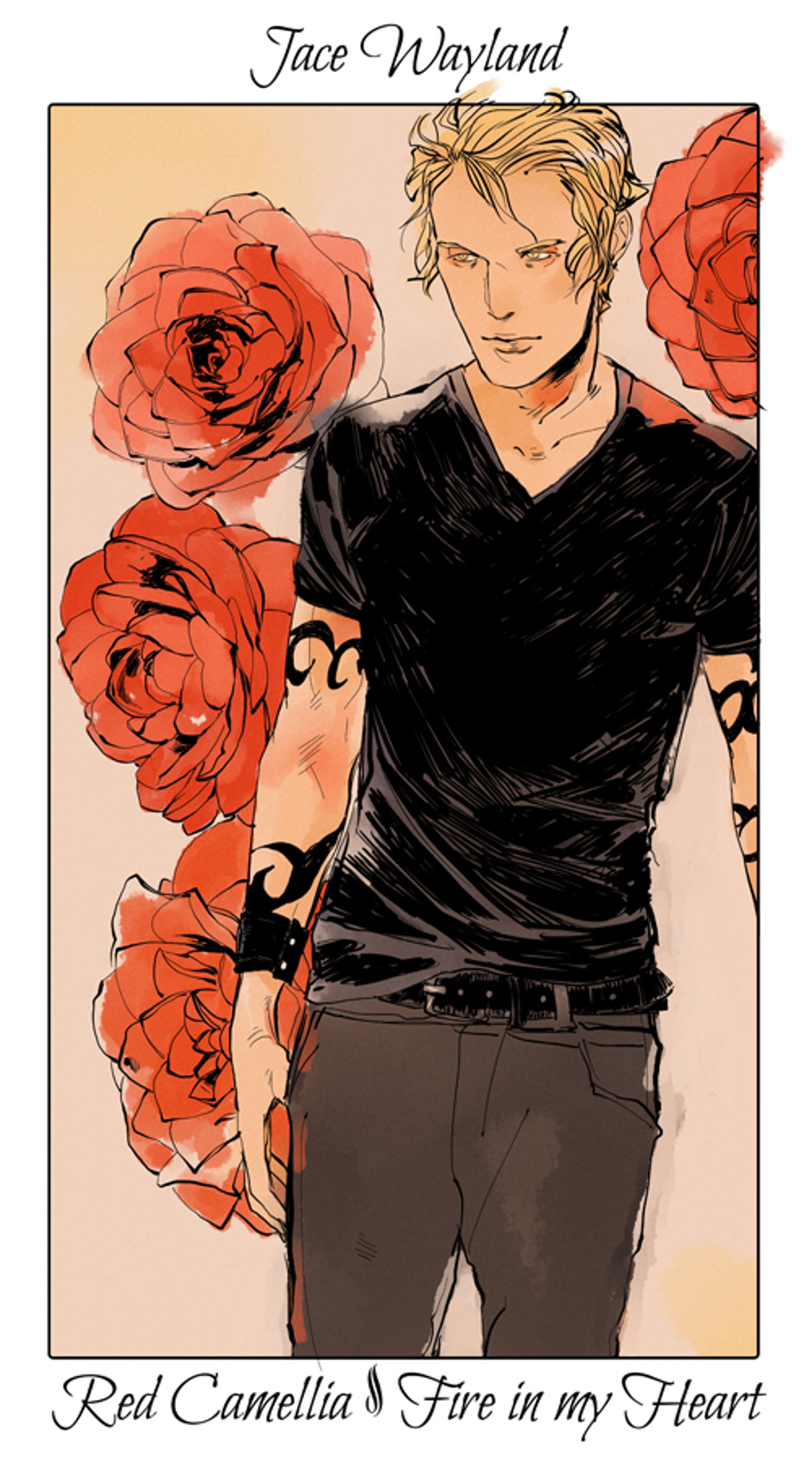 A young man with blonde hair surrounded by red roses