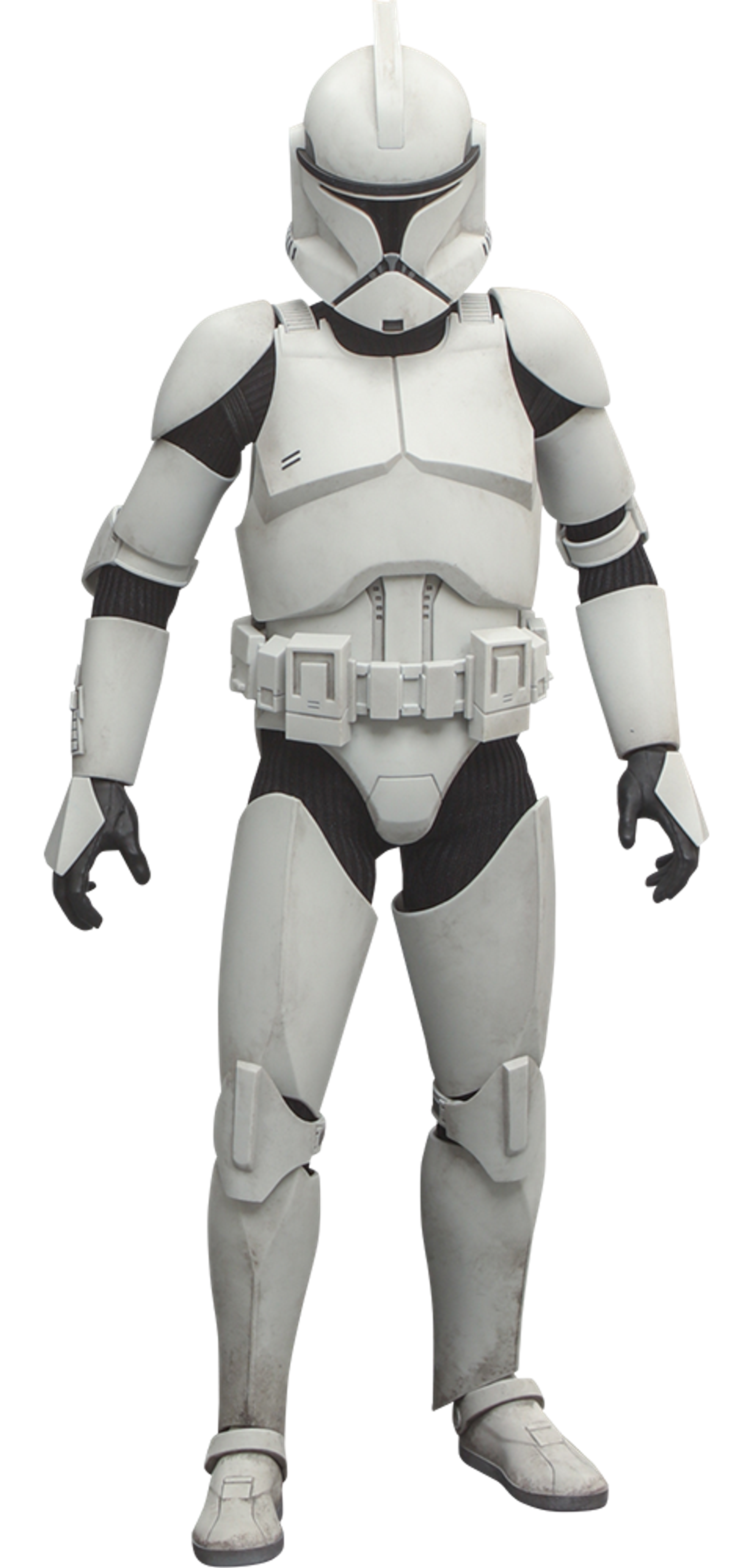A clone trooper character from the Star Wars universe, wearing white and black armor.