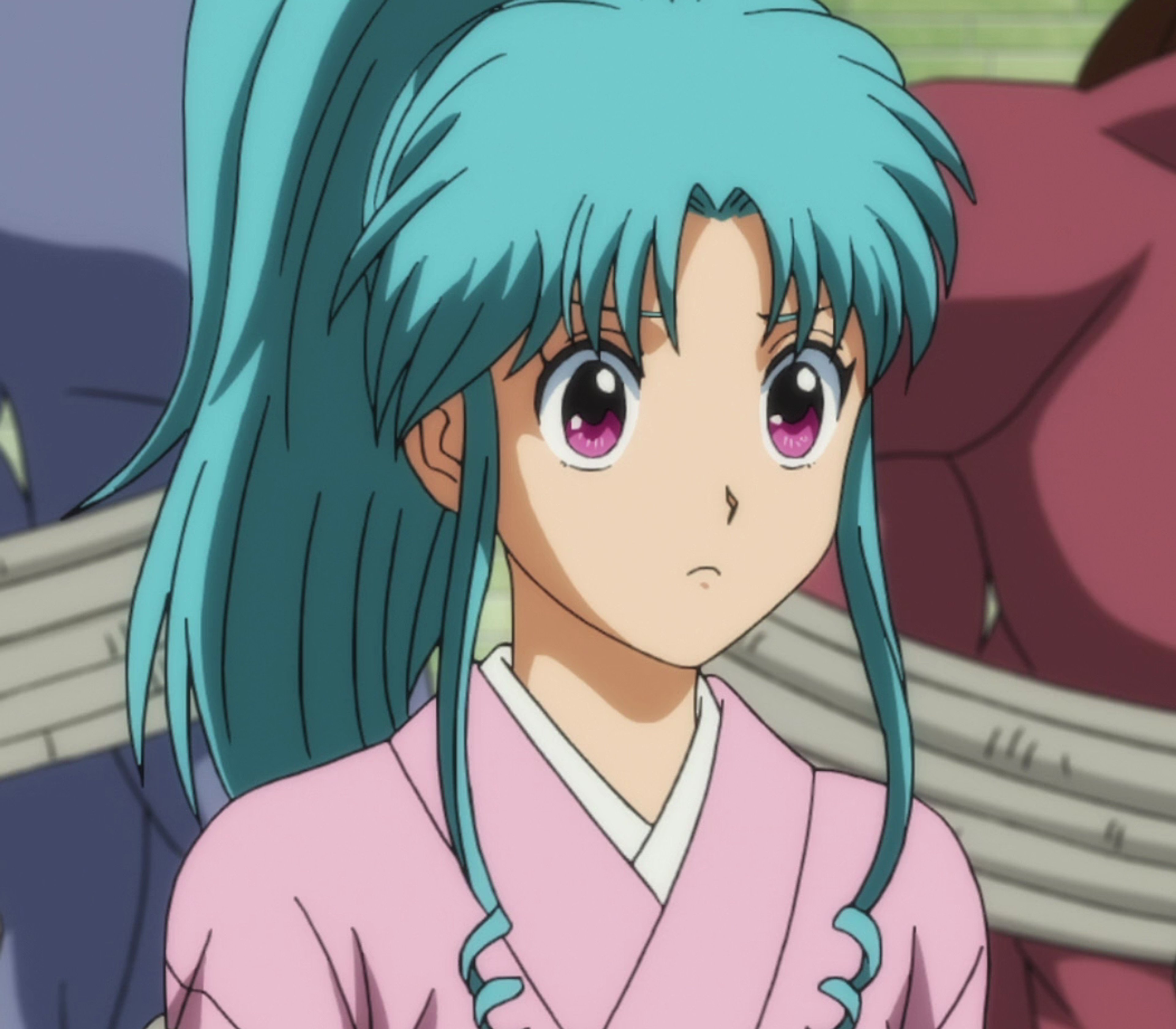 An anime-style character with teal blue hair in a ponytail, wearing a pink kimono-style outfit.