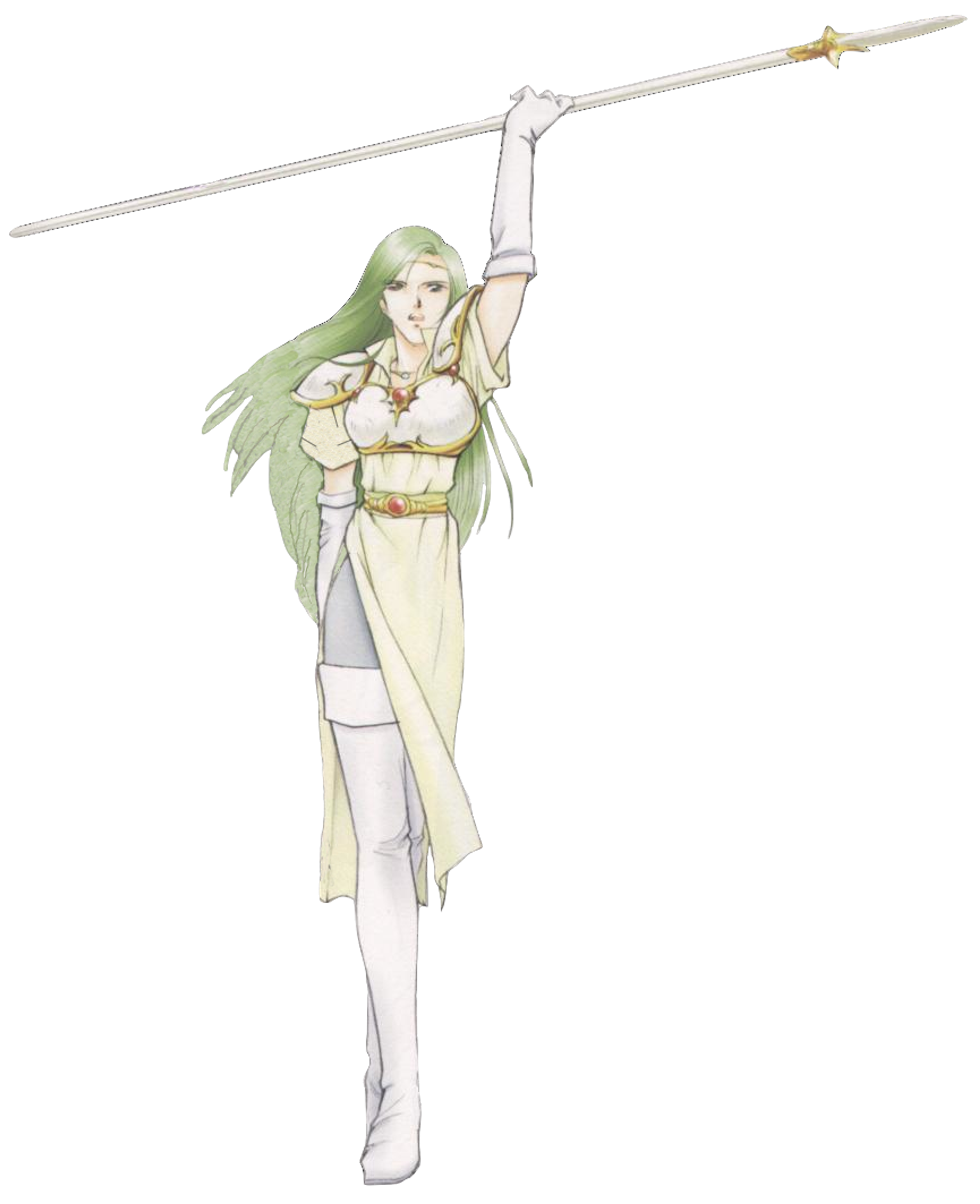 A female warrior character with green hair holding a spear
