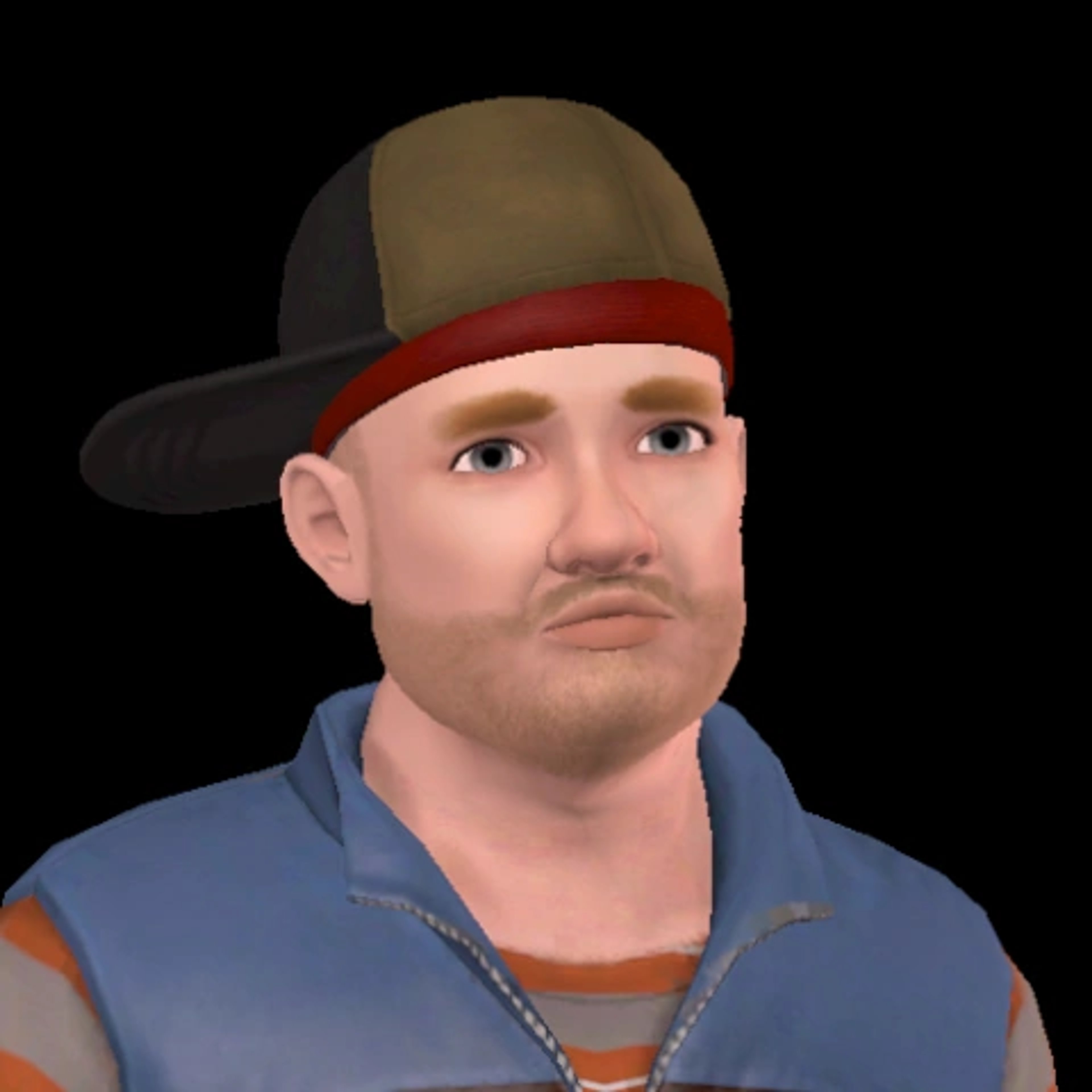 A young man with short brown hair wearing a red baseball cap, blue collared shirt, and black jacket.