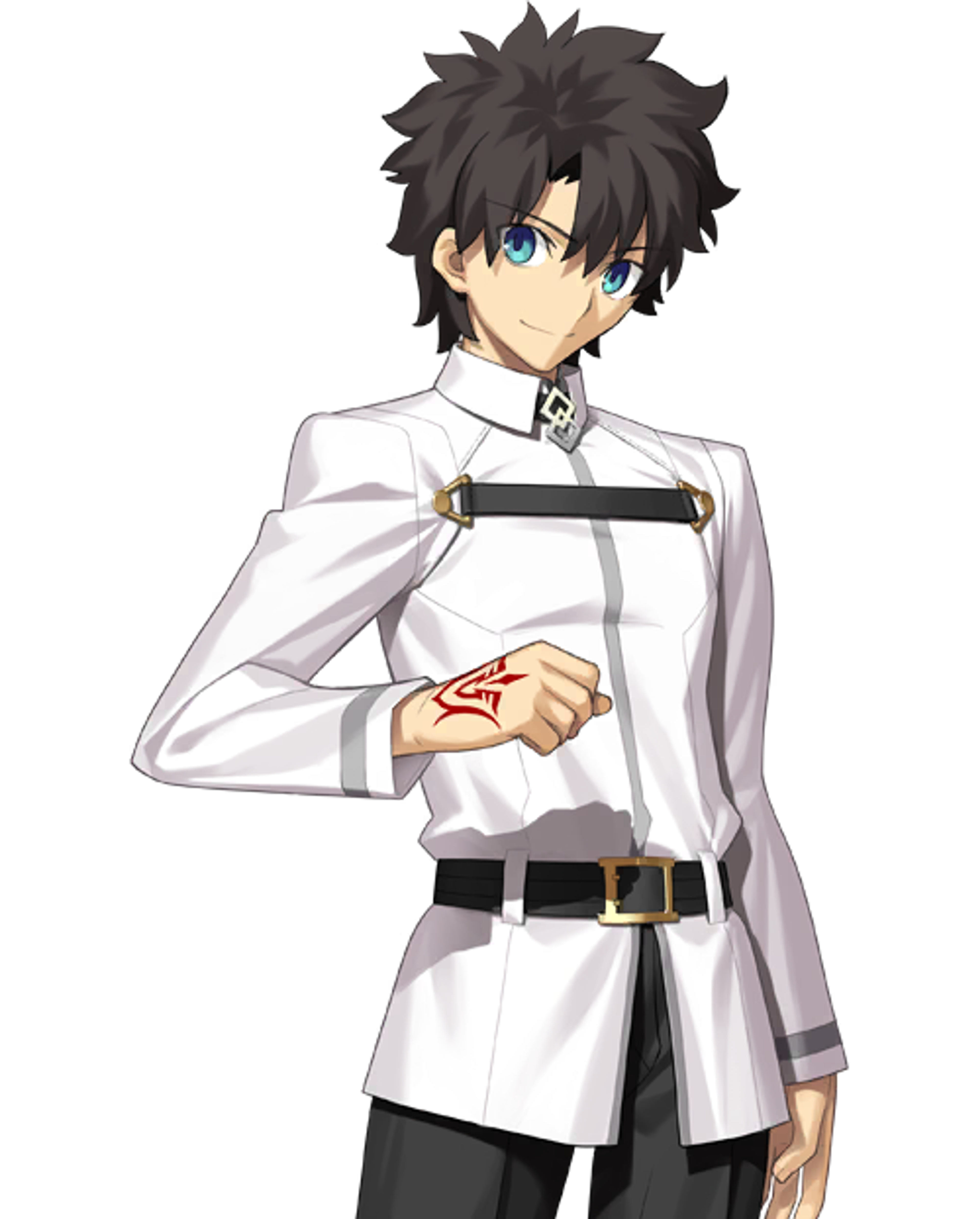 A young man in a white and black uniform with a red symbol on the chest, standing in a fighting stance.