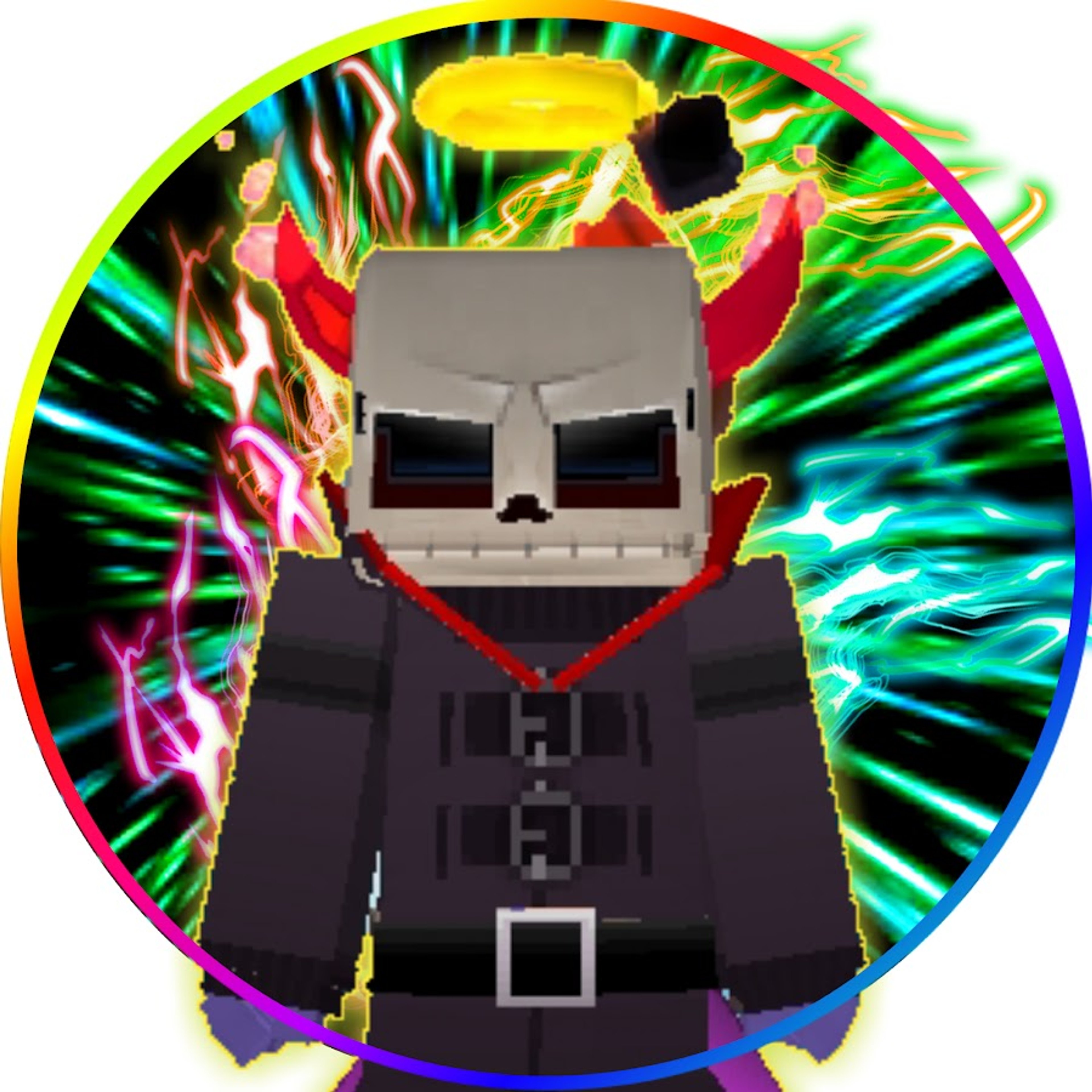 A blocky, pixelated character with a skull-like head and red eyes, wearing a black outfit with a square pattern, against a swirling, psychedelic background.