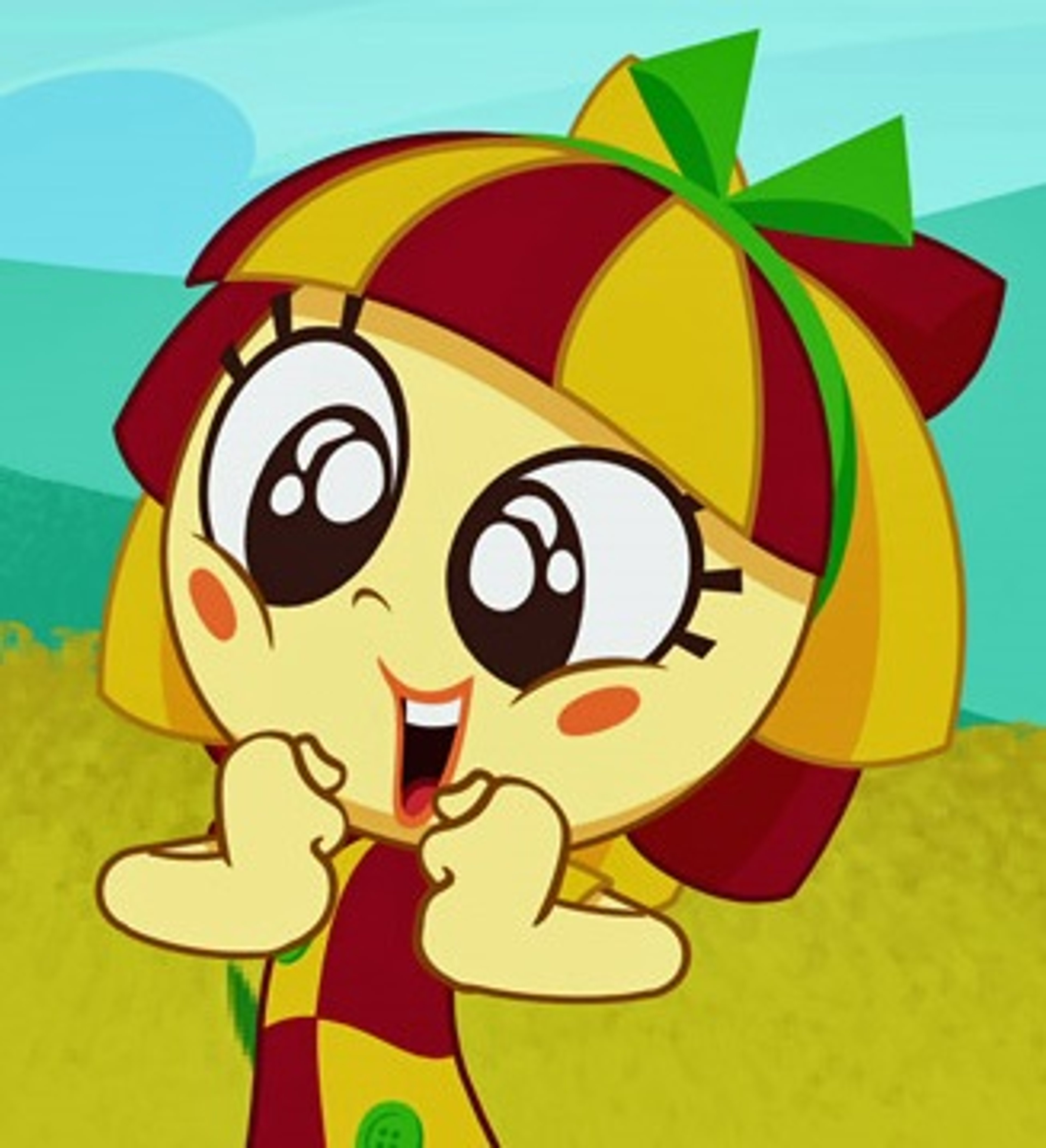 A colorful, patchwork-style ragdoll character with button eyes, yarn hair, and a cloth body.