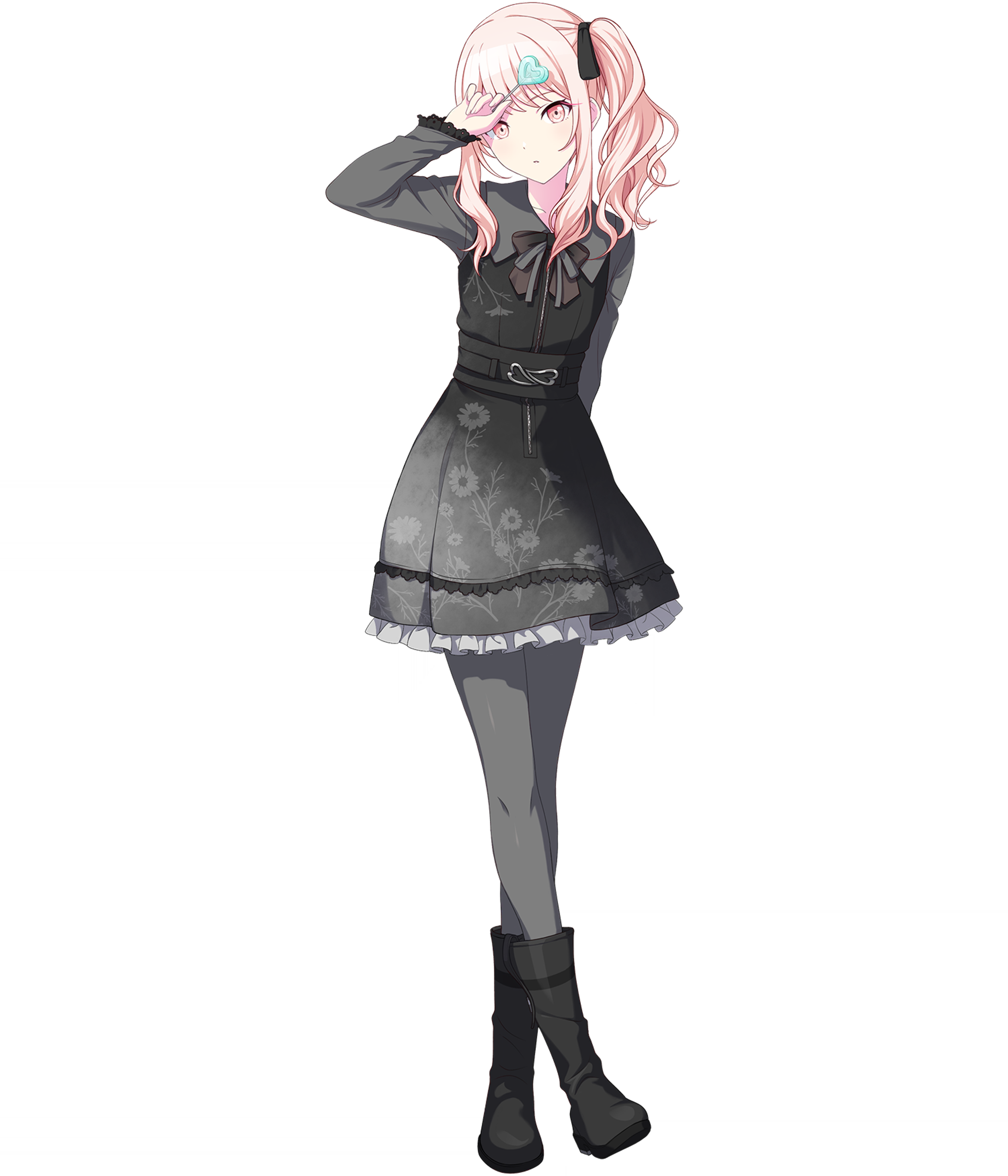 An anime-style character with pink twin-tailed hair wearing a dark gray dress with a ruffled skirt.