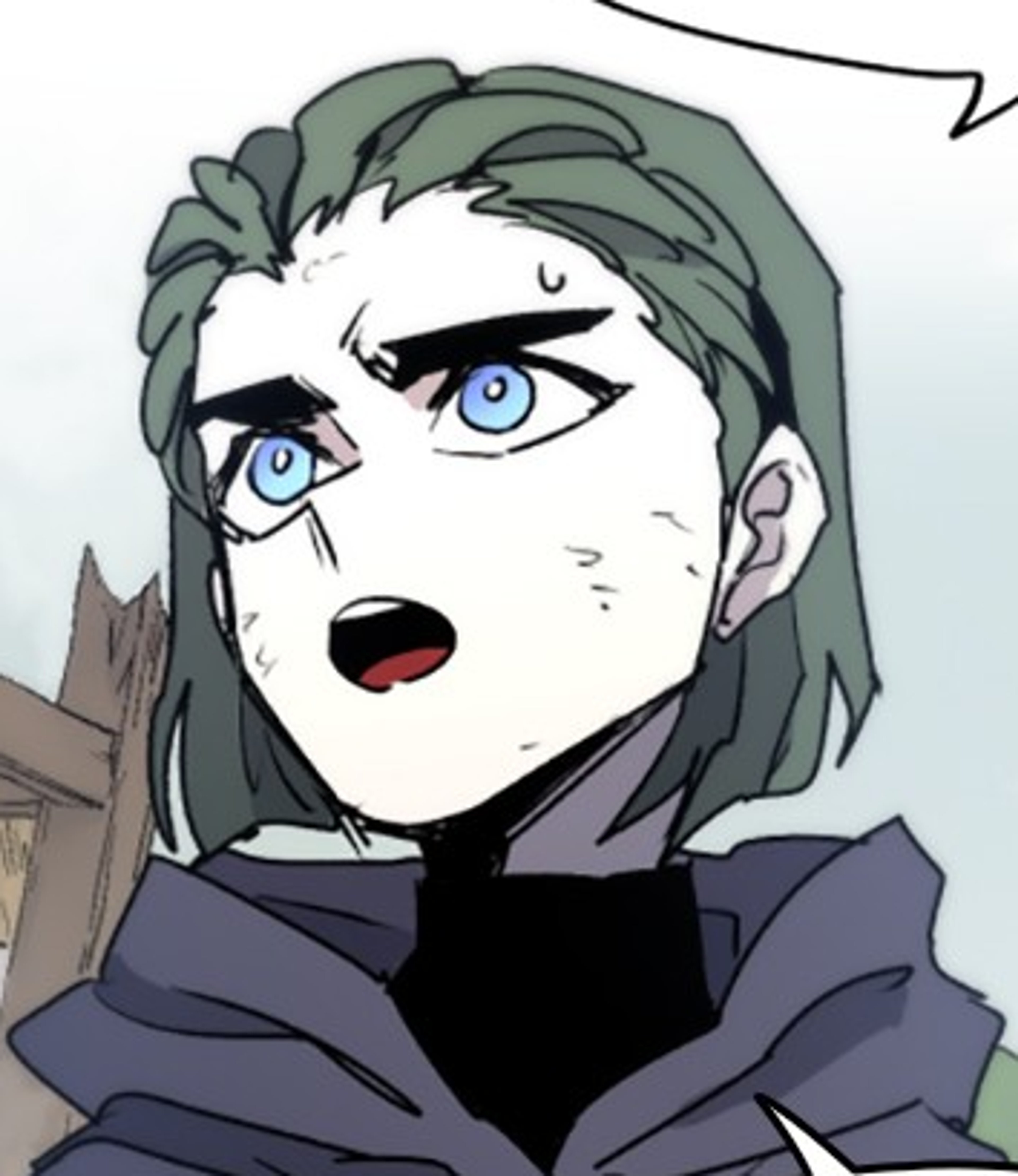 A young woman with short gray hair and intense blue eyes, wearing a dark hooded cloak.