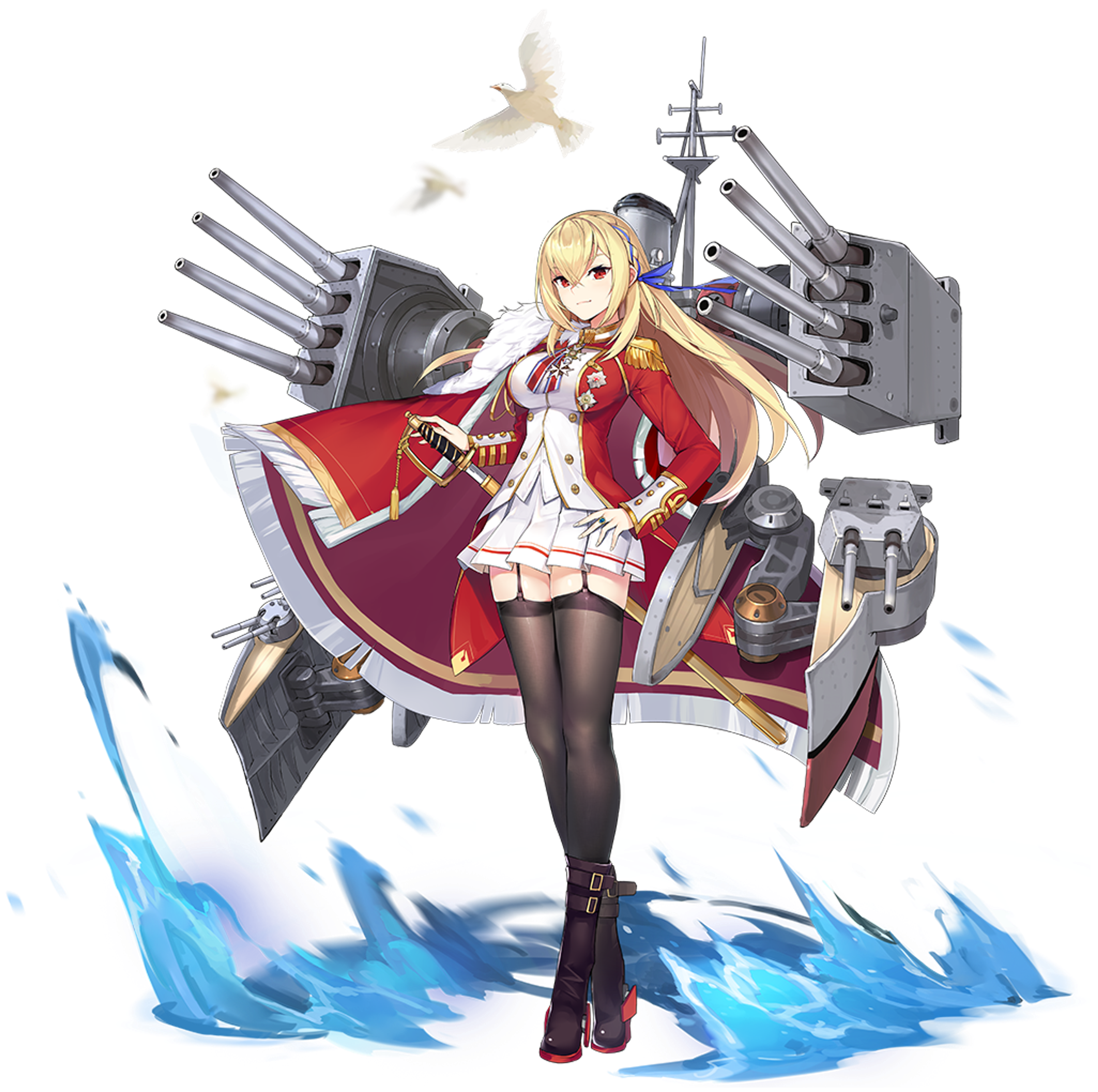 An anime-style female character in a red military uniform, standing in front of naval ships and equipment.