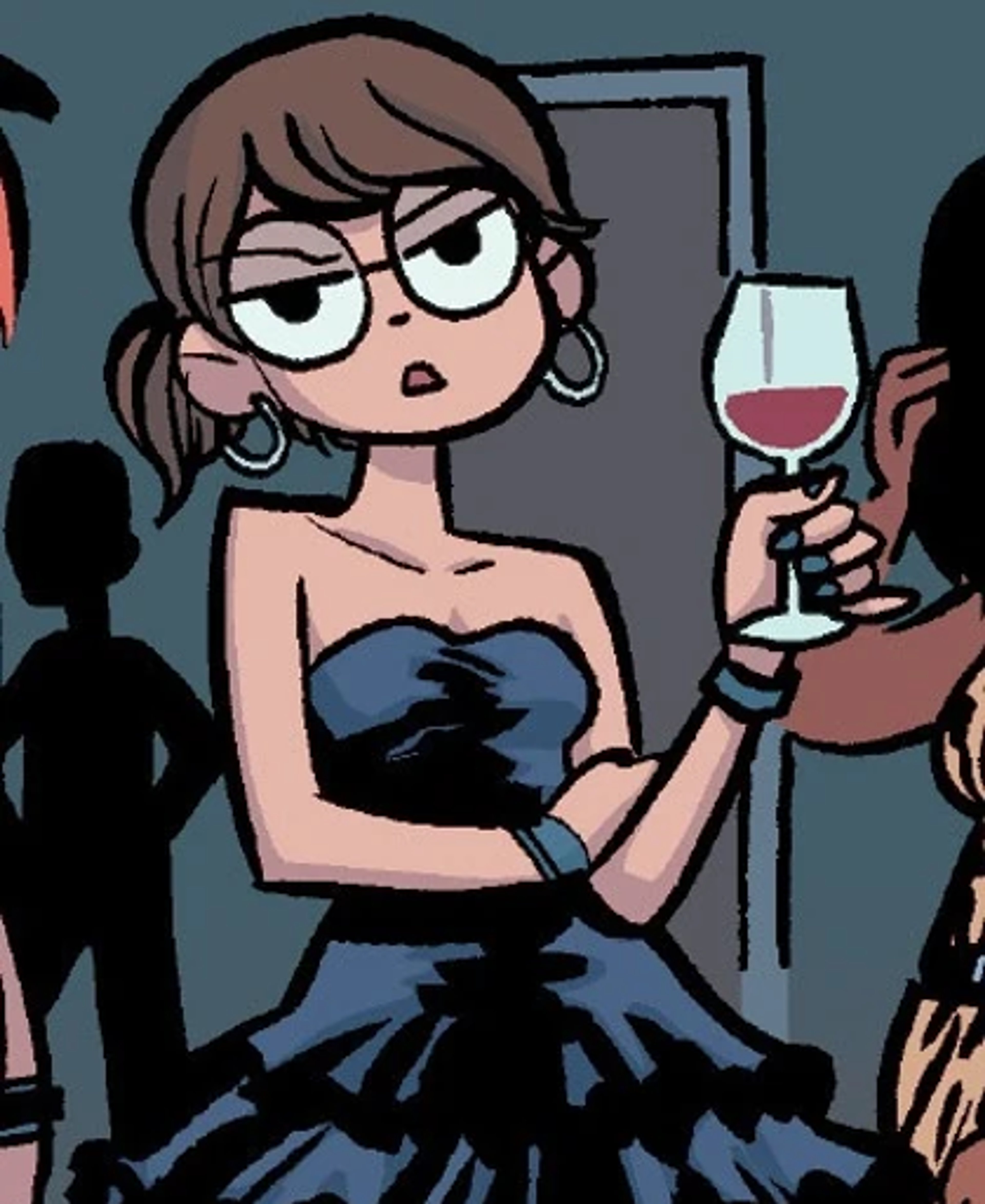 A young woman in a black dress holding a glass of wine with a snarky expression