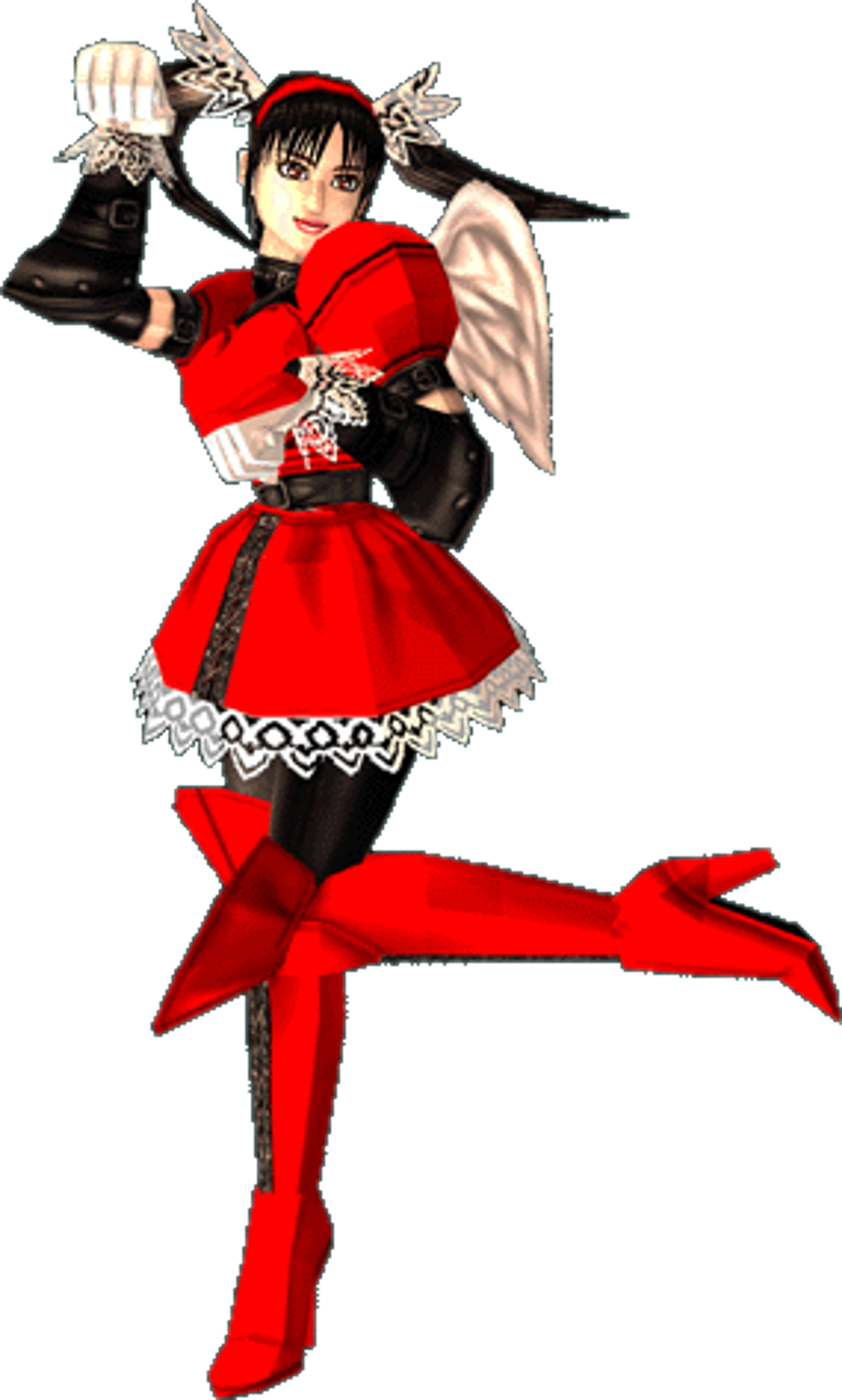 A young female character in a stylized red and black outfit, with a determined expression.