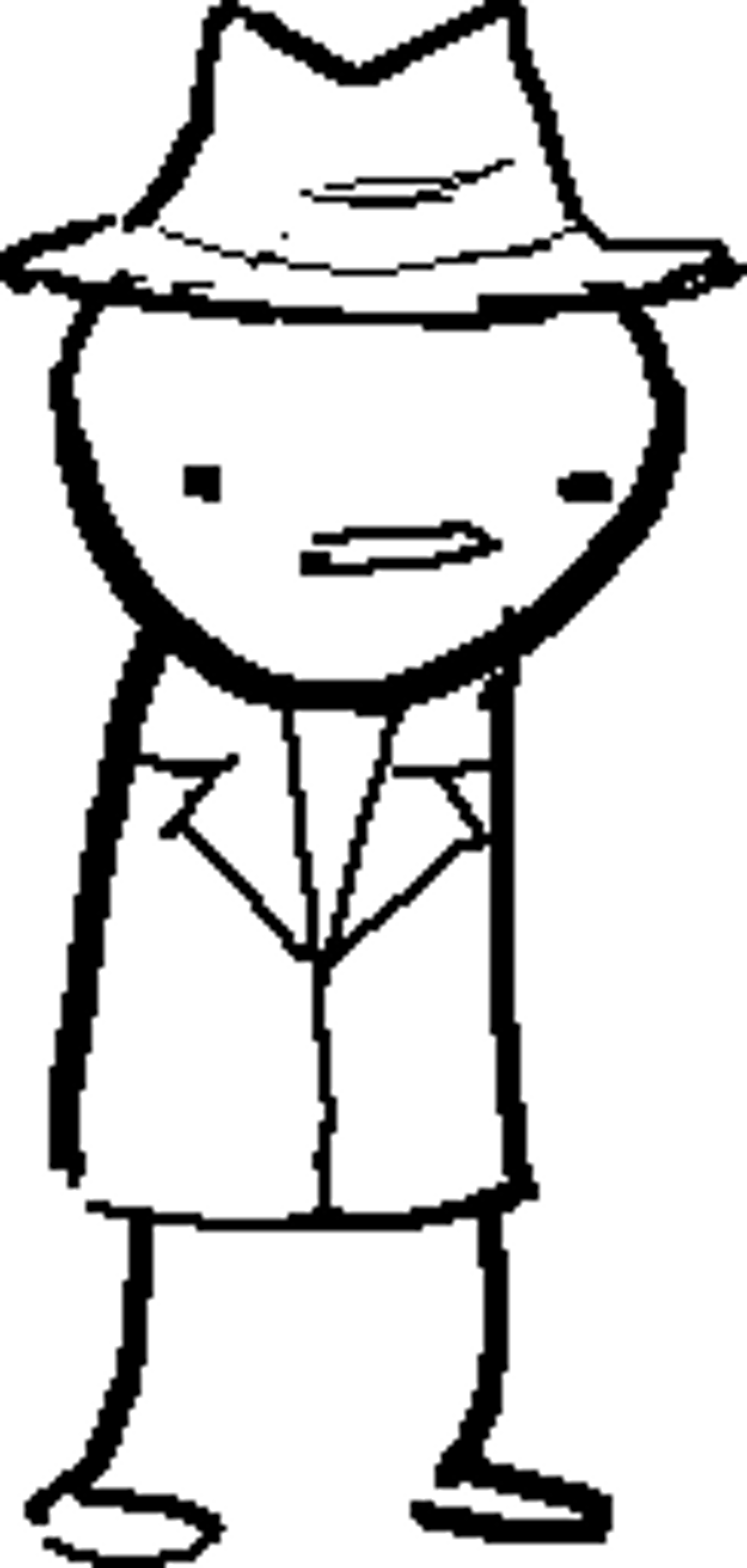 A cartoon character in a black hat and suit, resembling a noir-style private investigator.