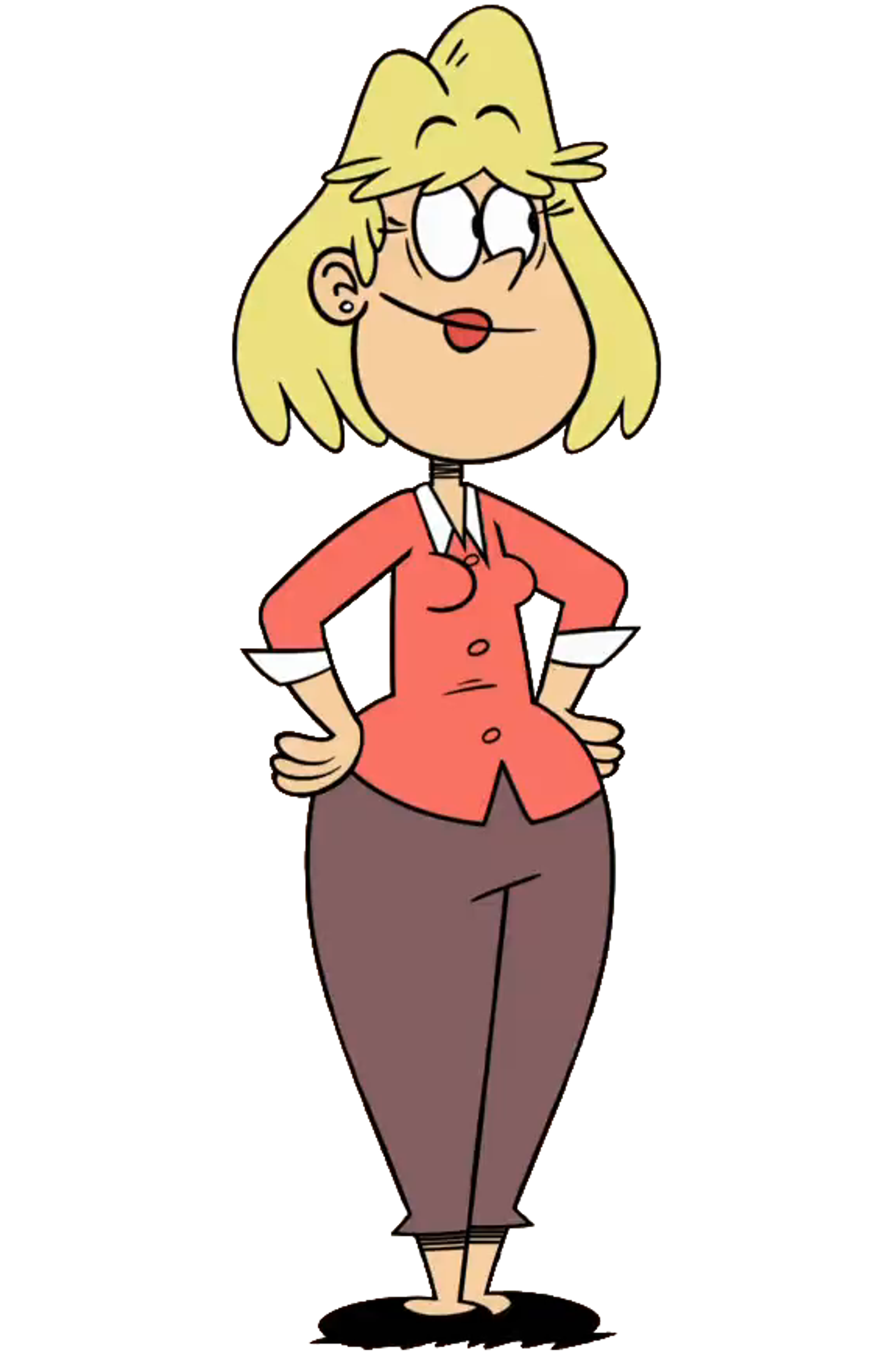 An animated female character with blonde hair and a salmon-colored shirt, standing with her hands on her hips.