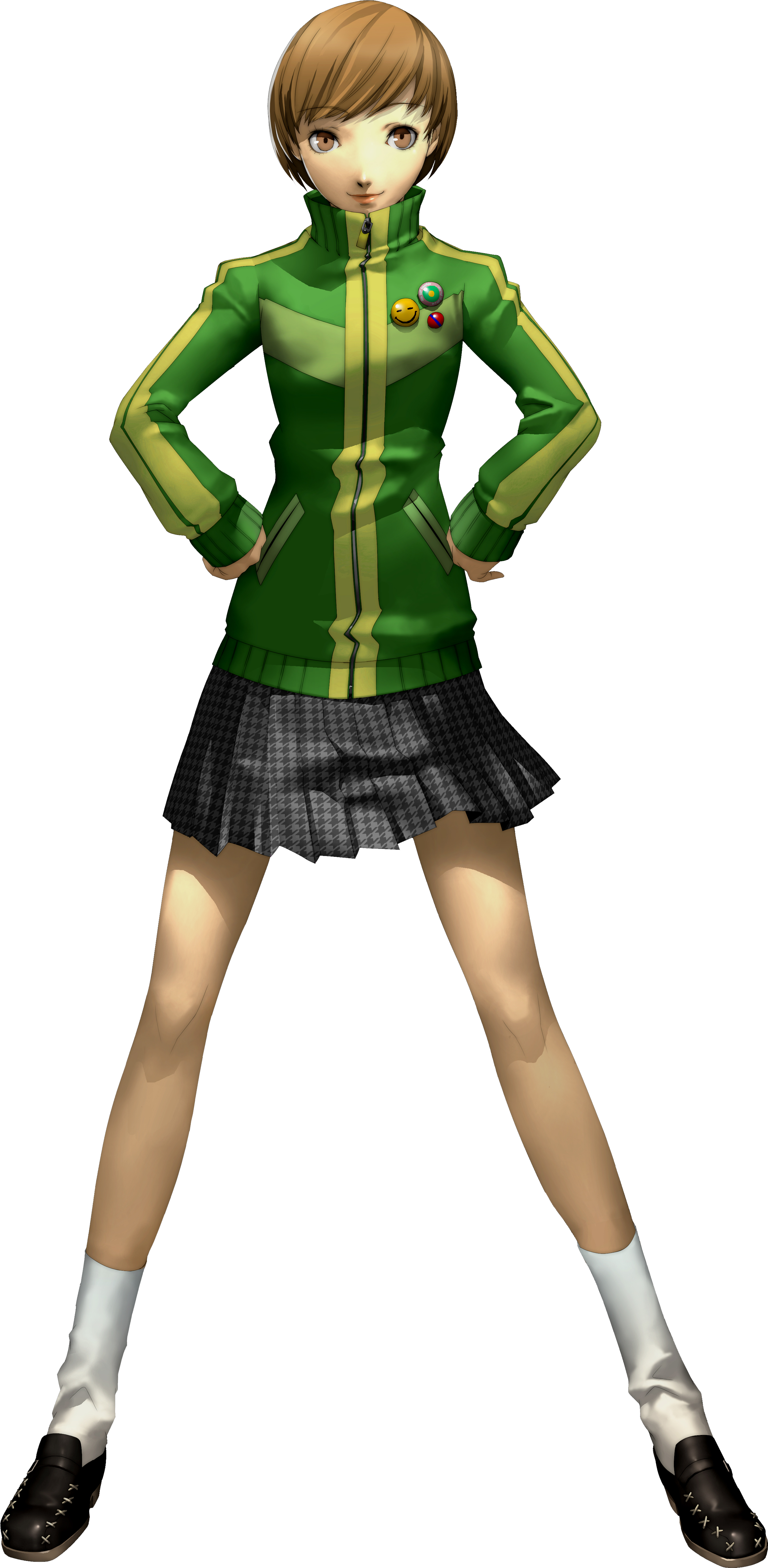 An anime-style character with short brown hair wearing a green jacket and plaid skirt, standing in a confident pose.