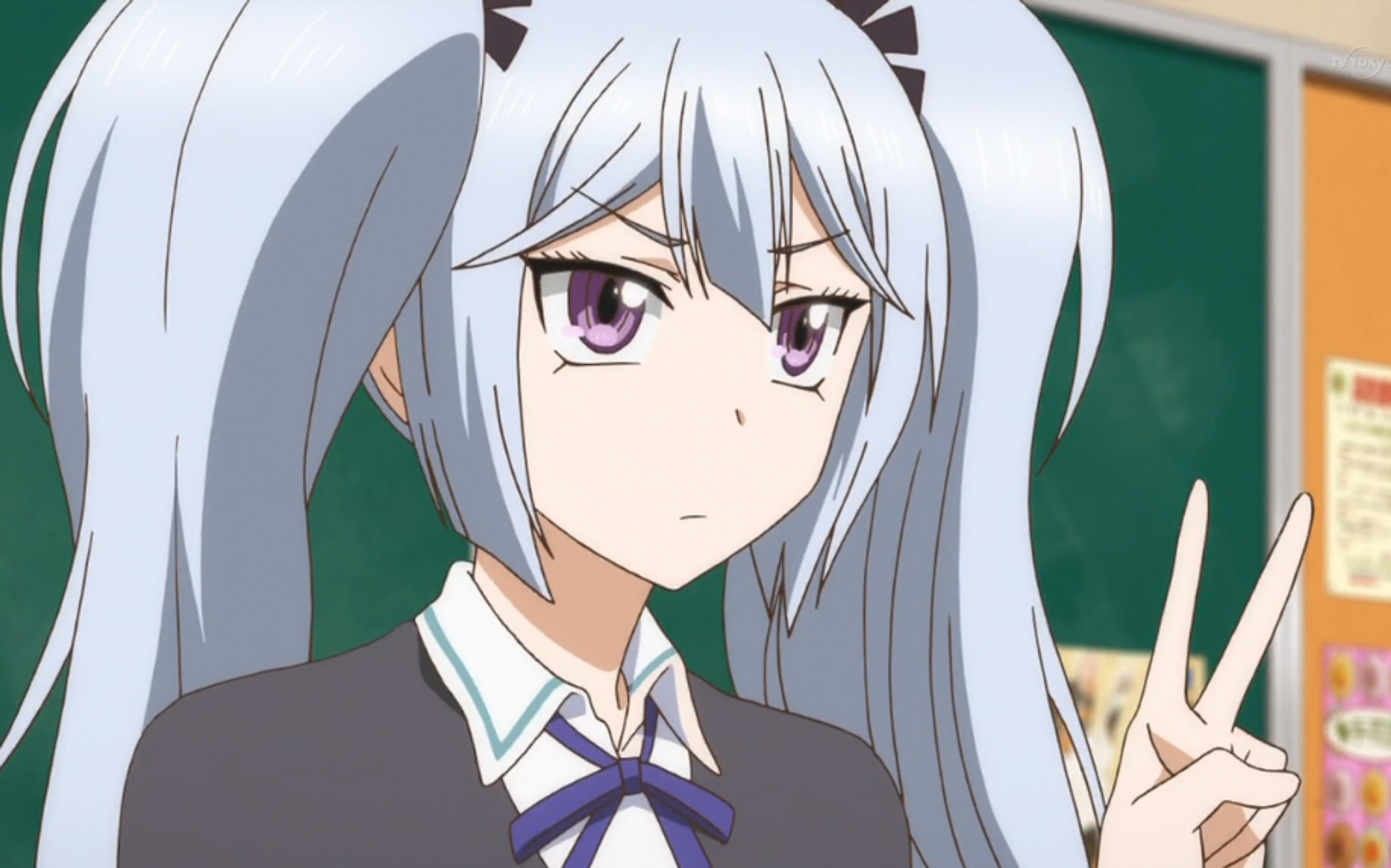 An anime-style character with long silver hair in twin ponytails and piercing purple eyes, wearing a school uniform.
