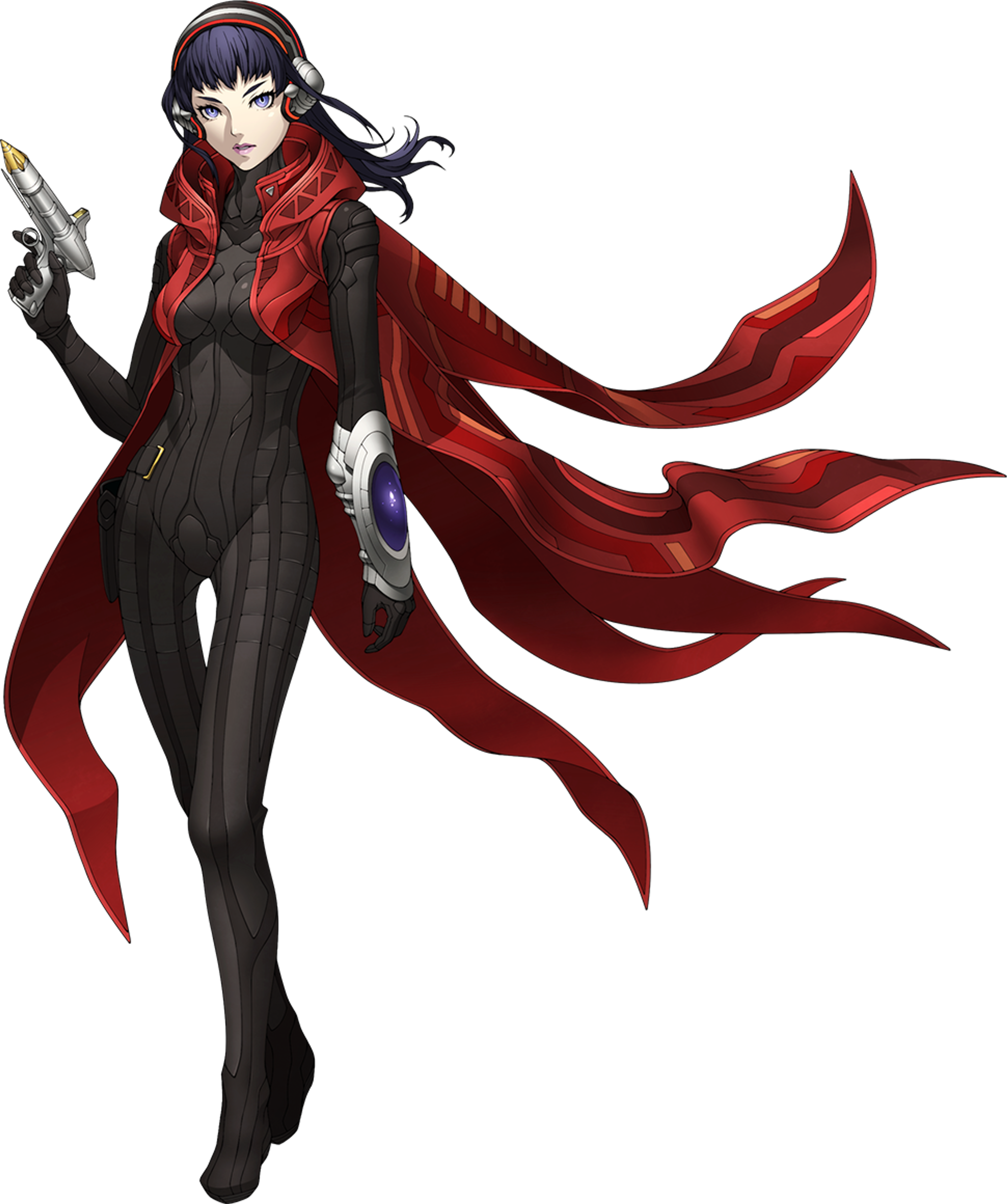 A woman with long black hair, silver eyes, and a crimson coat, with a mysterious and ominous presence.