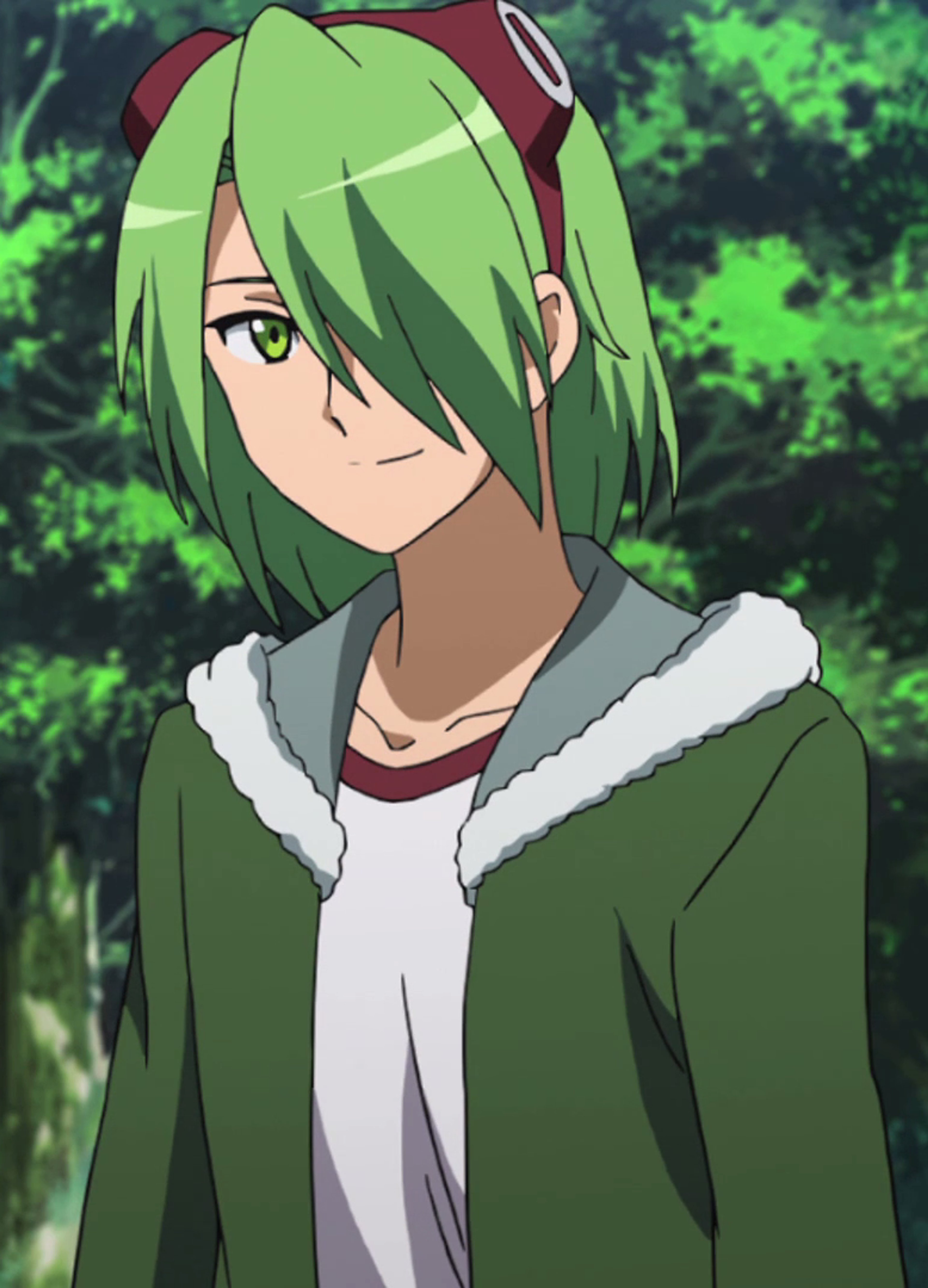 An anime-style character with green hair, red goggles, and a casual outfit