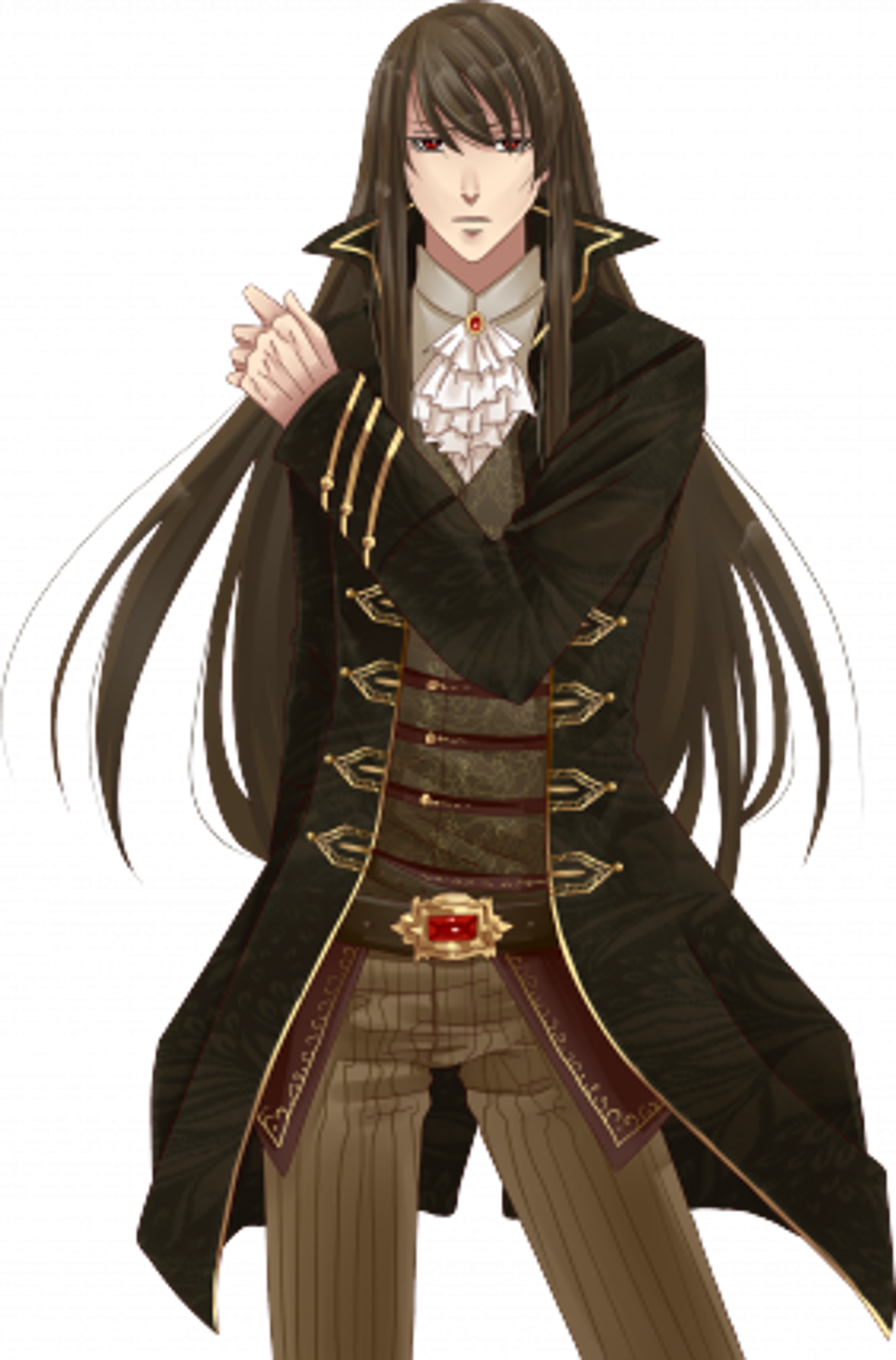 A Victorian-era vampire character with long ash-brown hair and a noble bearing