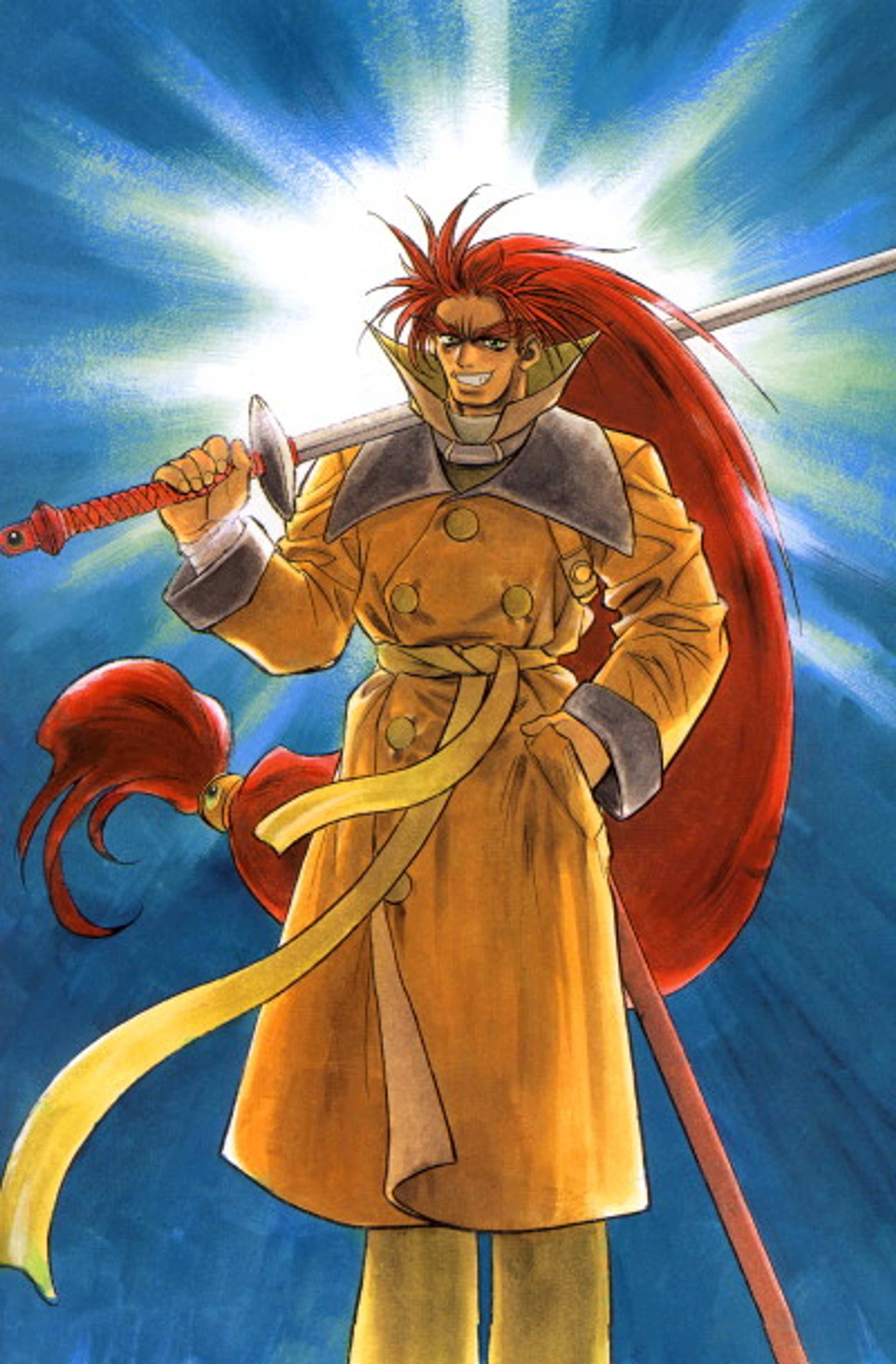 A powerful, demonic-looking character with long red hair, wearing a trench coat and wielding a sword.