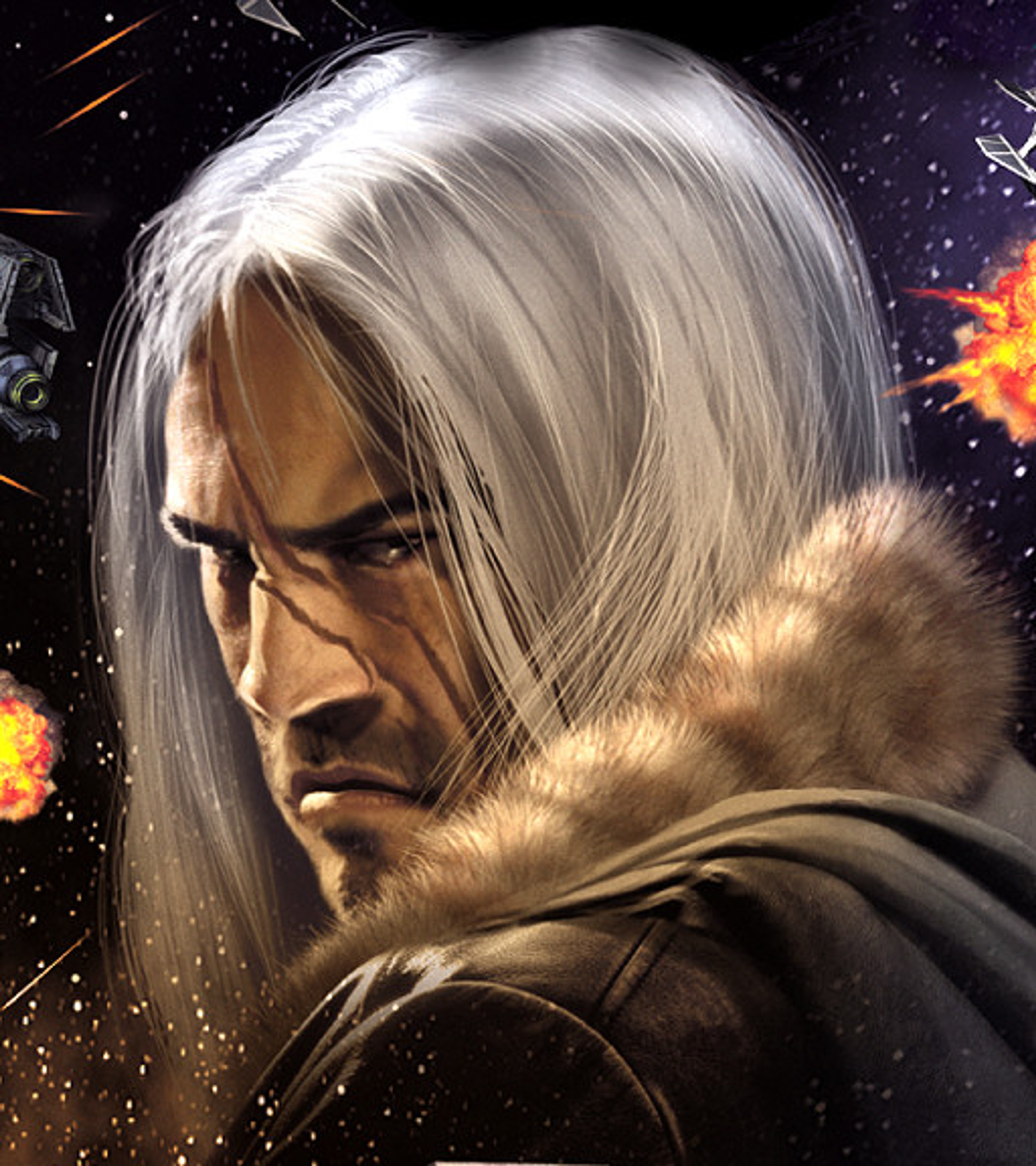 A human male character with long white hair and a stern expression, wearing a dark cloak against a space background with explosions.