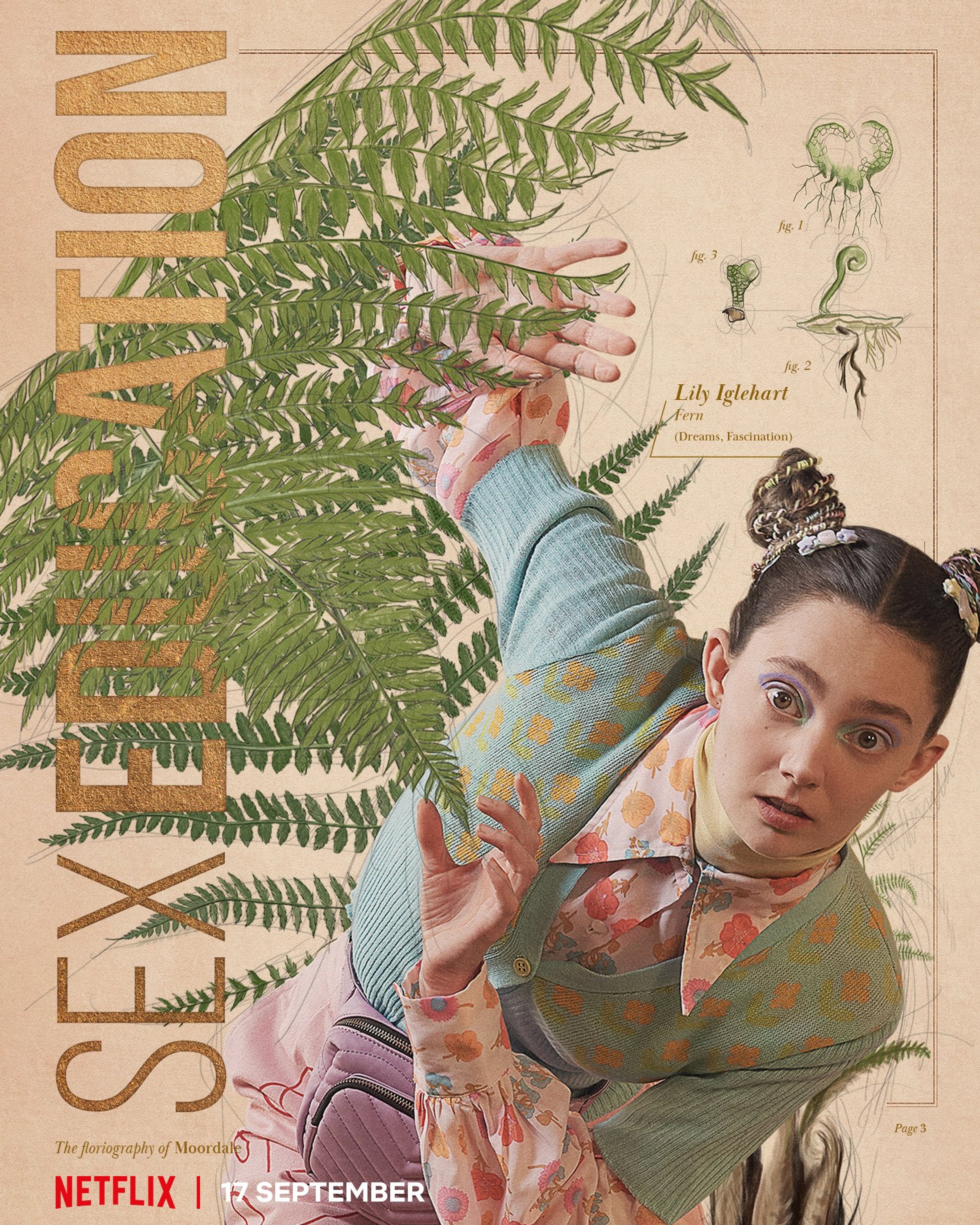 A young woman in a floral dress reaching up to touch a large fern frond in a natural setting.