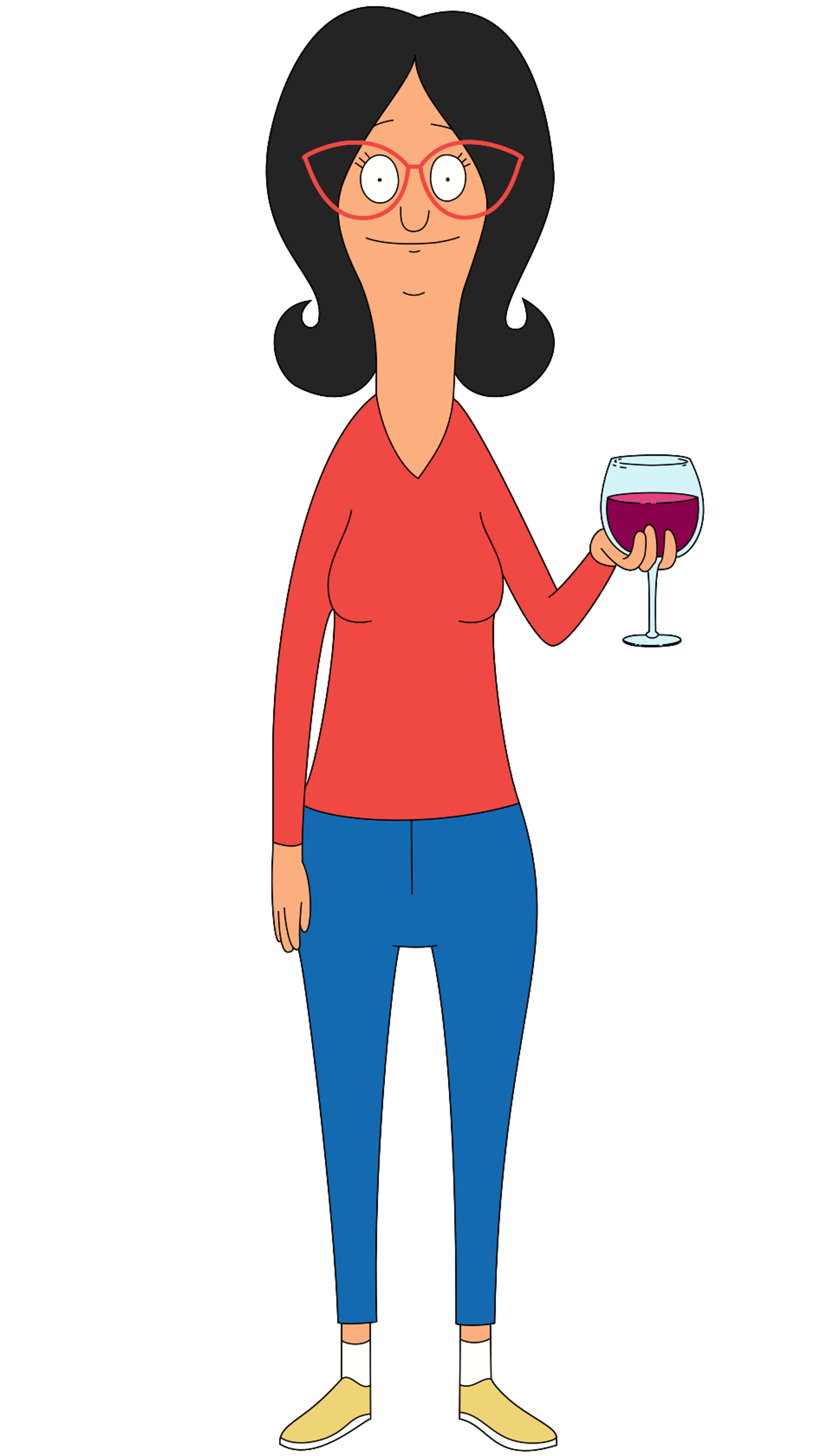 A middle-aged woman with dark hair wearing a red shirt and blue jeans, holding a wine glass and smiling.