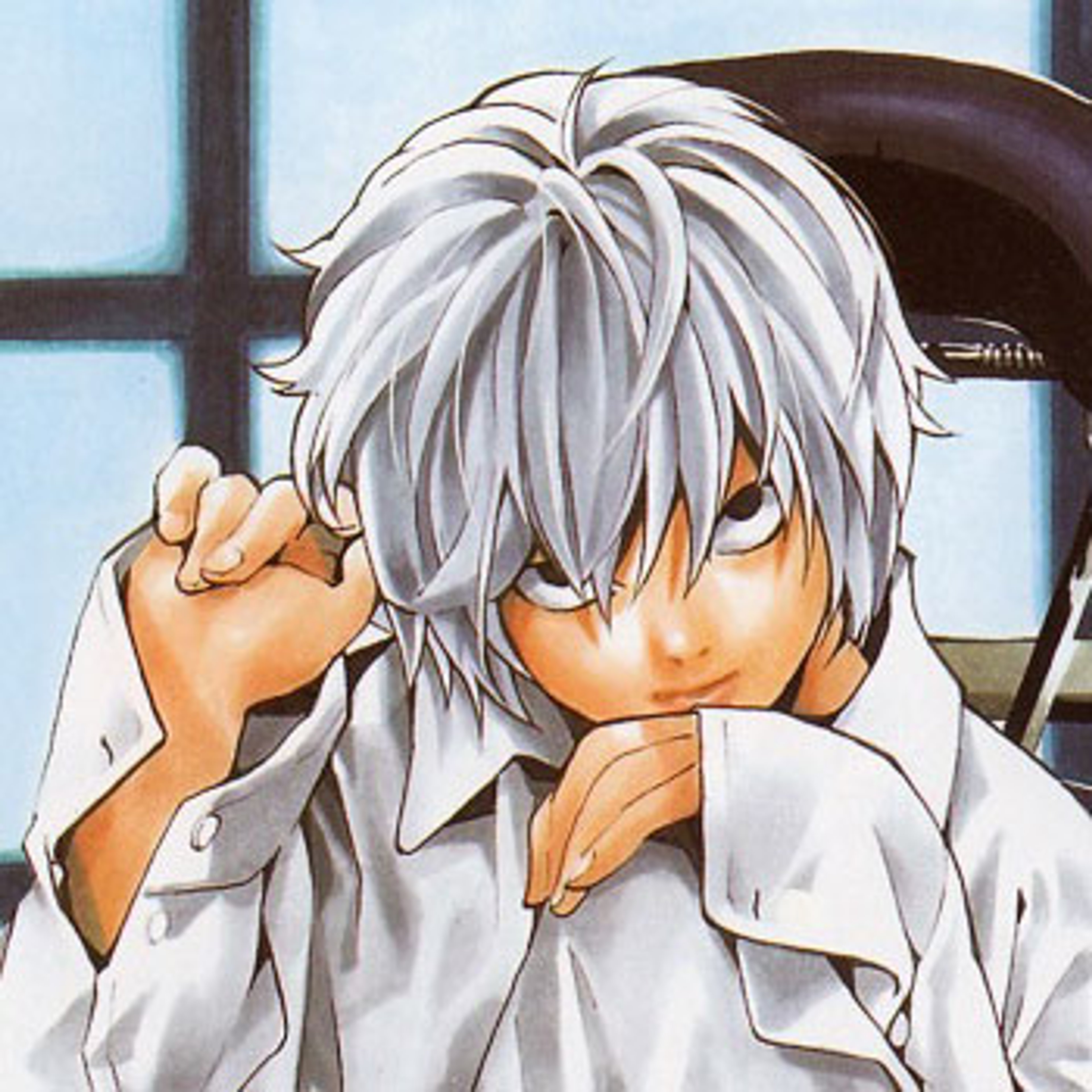 A young, pale-skinned male character with platinum blonde hair and gray eyes, sitting or crouching with a detached expression.
