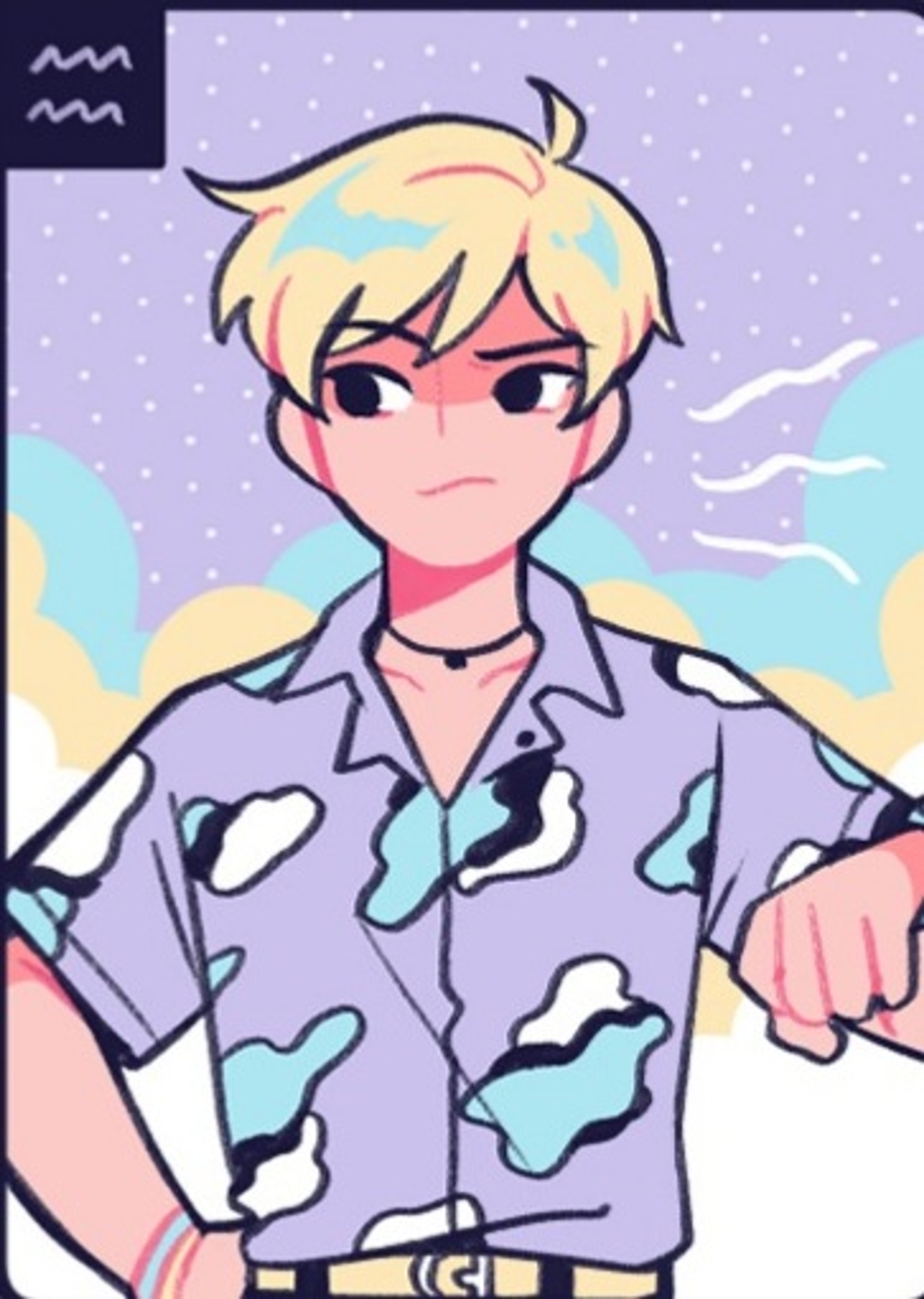 A young man with blonde hair wearing a patterned shirt