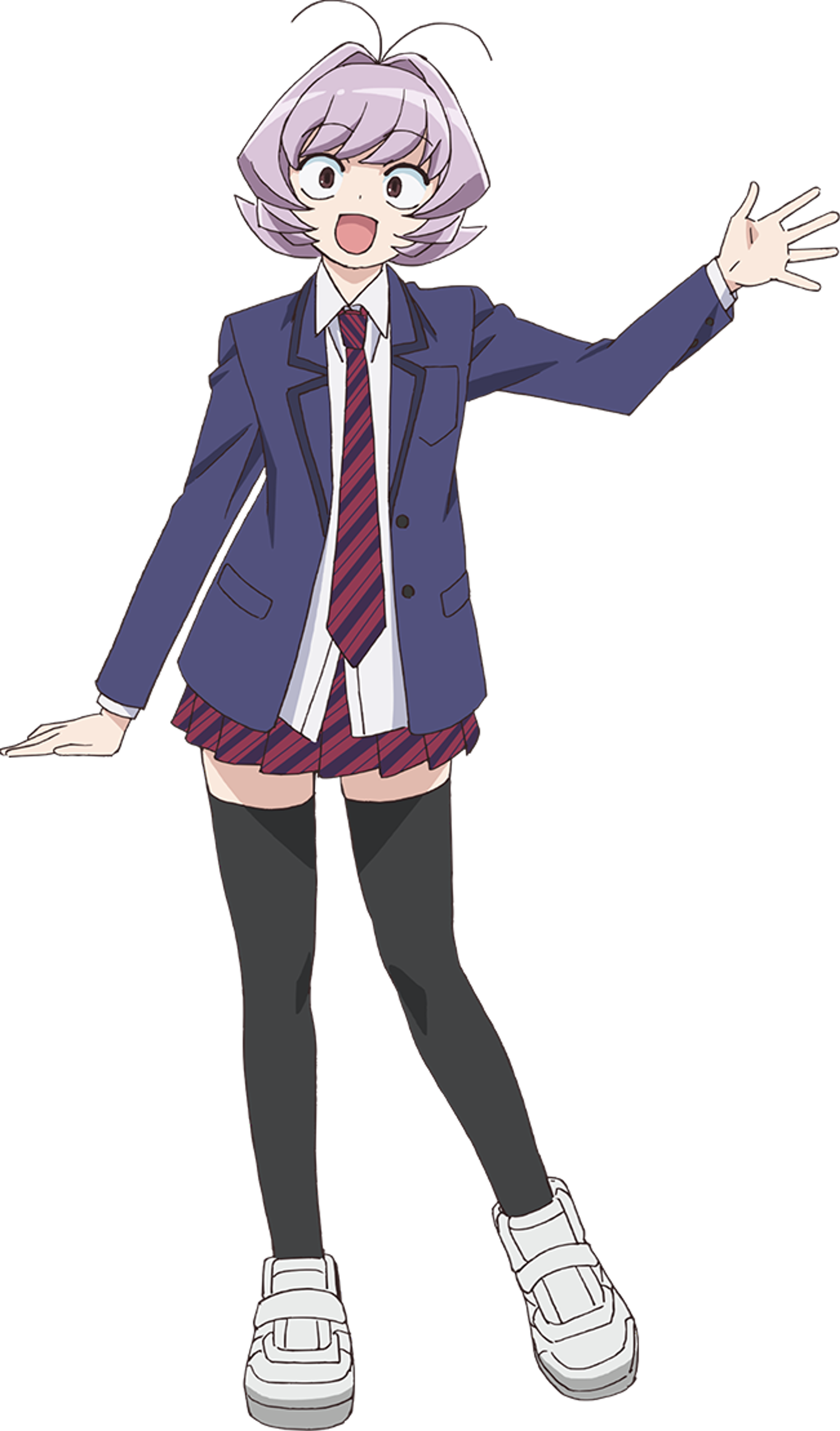 An anime-style character with an androgynous appearance wearing a school uniform and making a friendly gesture.