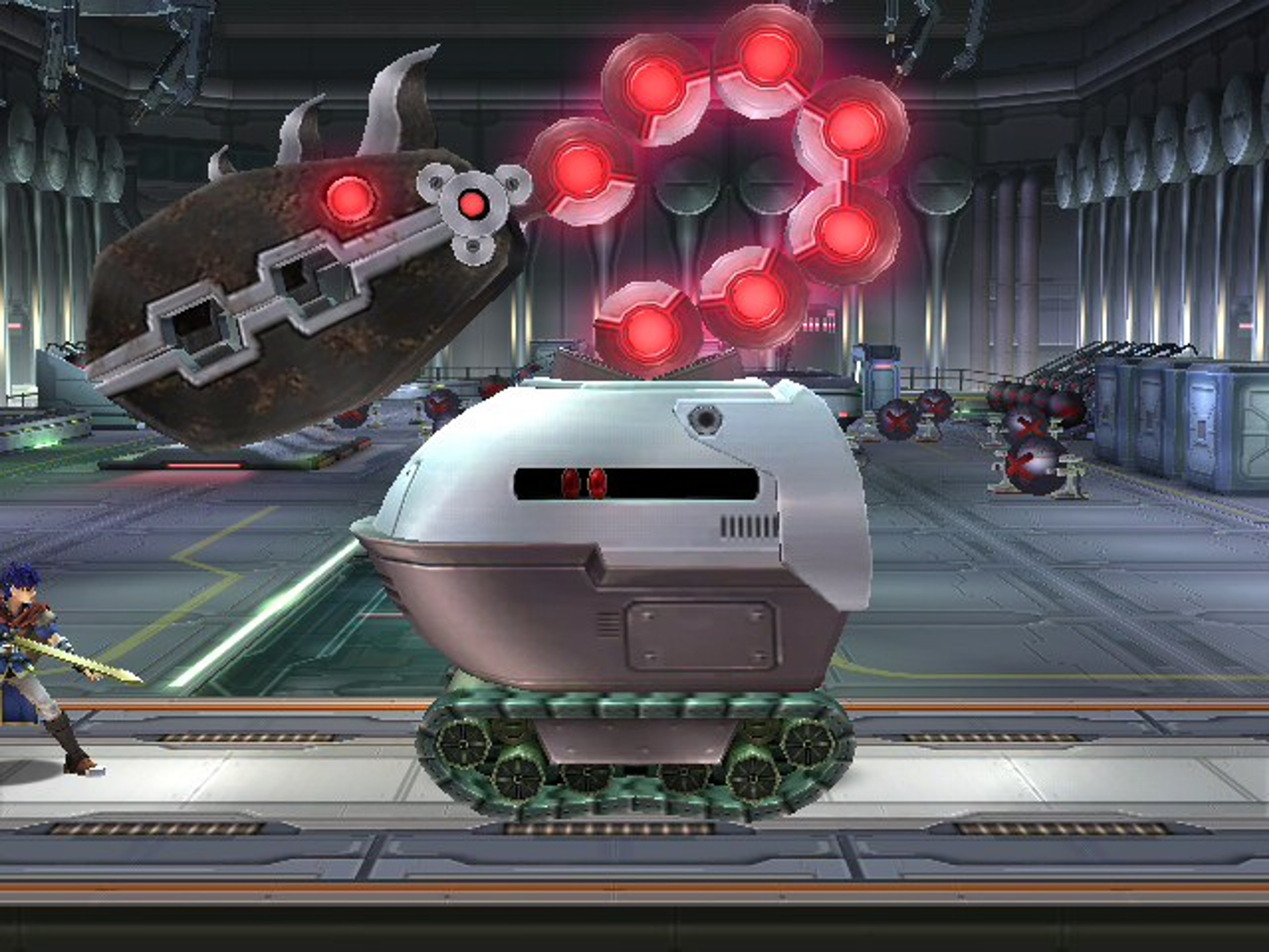 A large, tank-like vehicle with a green blob-like creature piloting it, equipped with a retractable dragon-like arm.