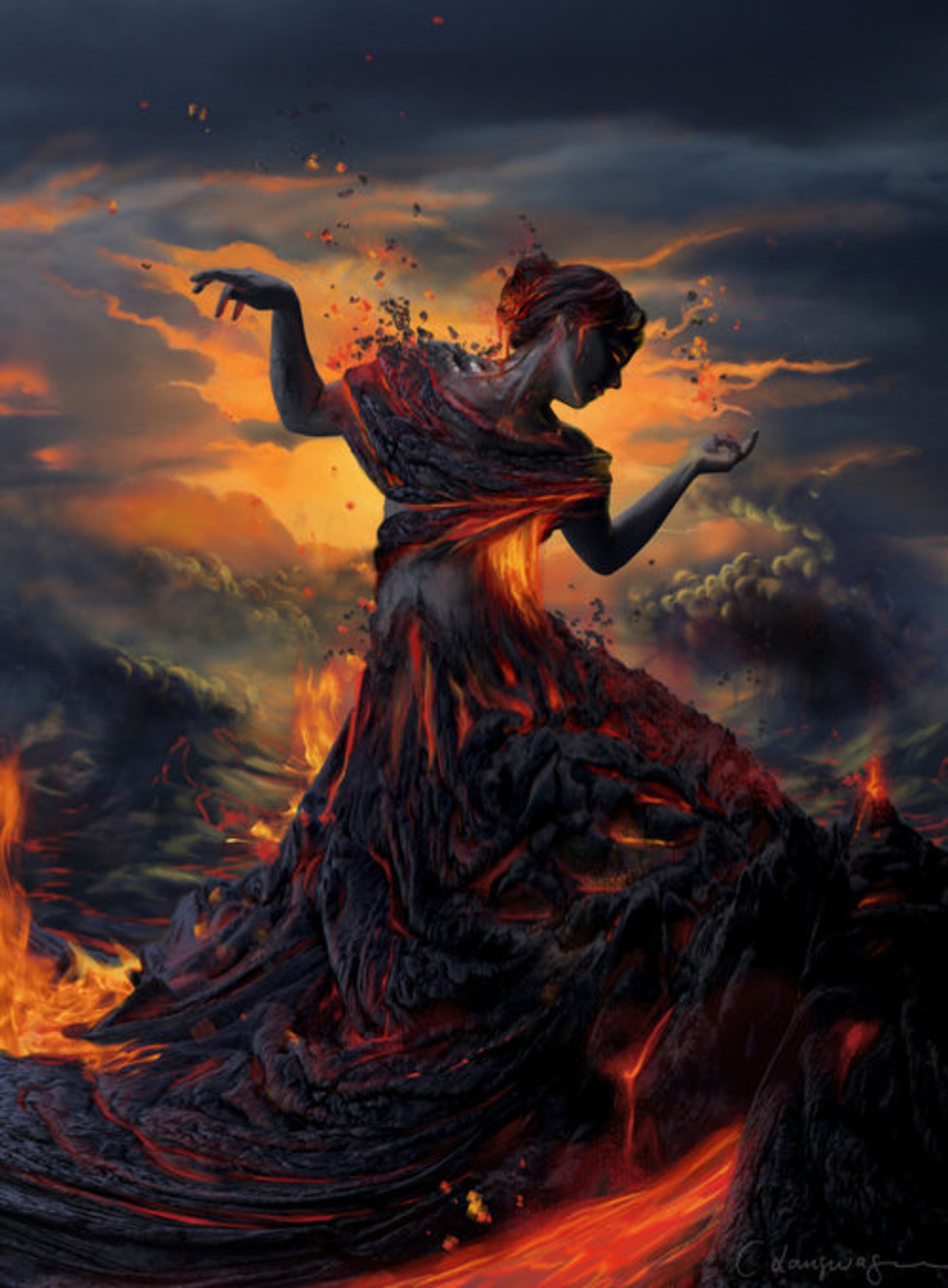 A dramatic, fantastical image of a female figure in a fiery red dress amidst a volcanic landscape.