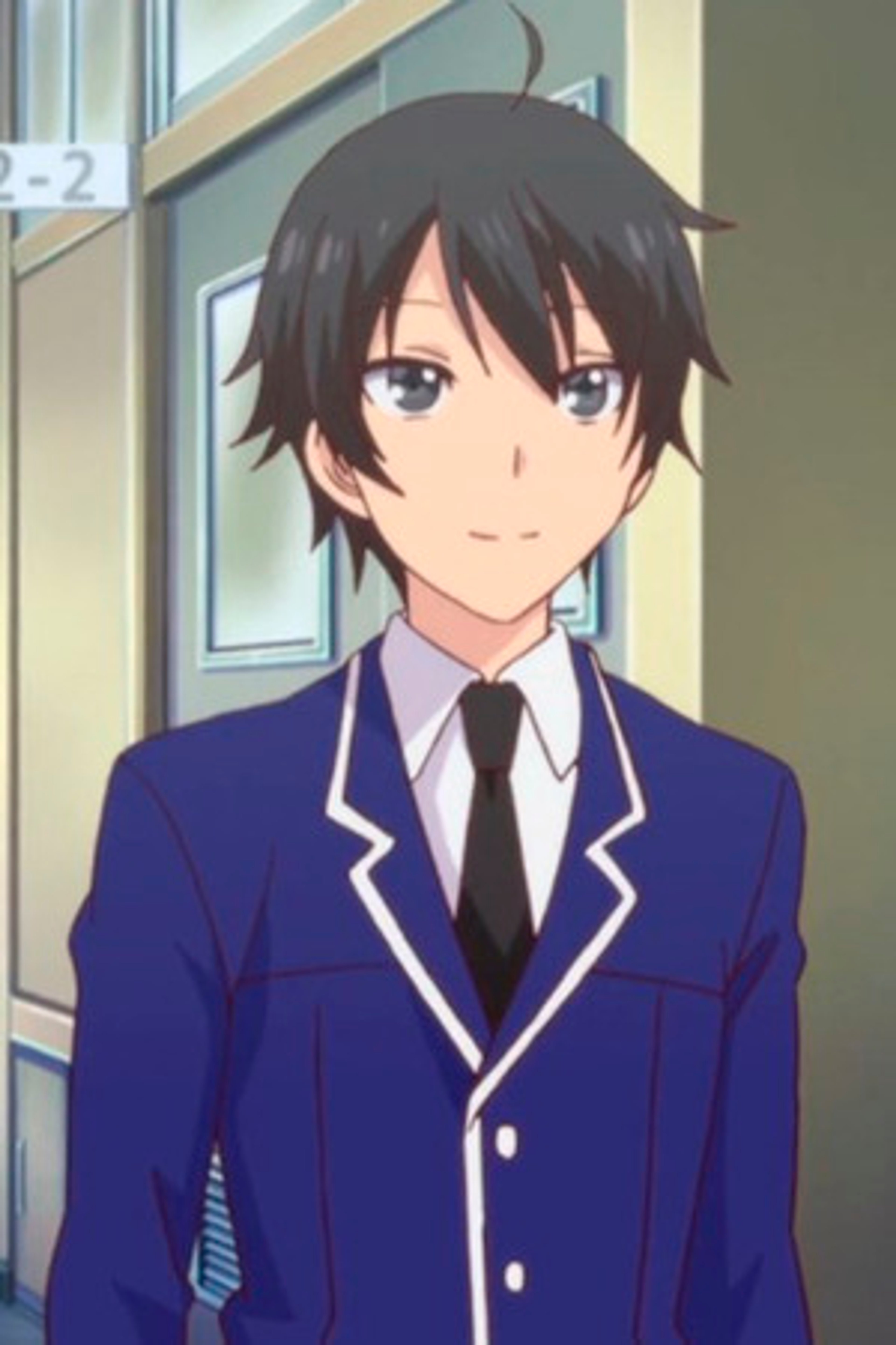 A young man in a school uniform with black hair and a distinctive strand sticking up