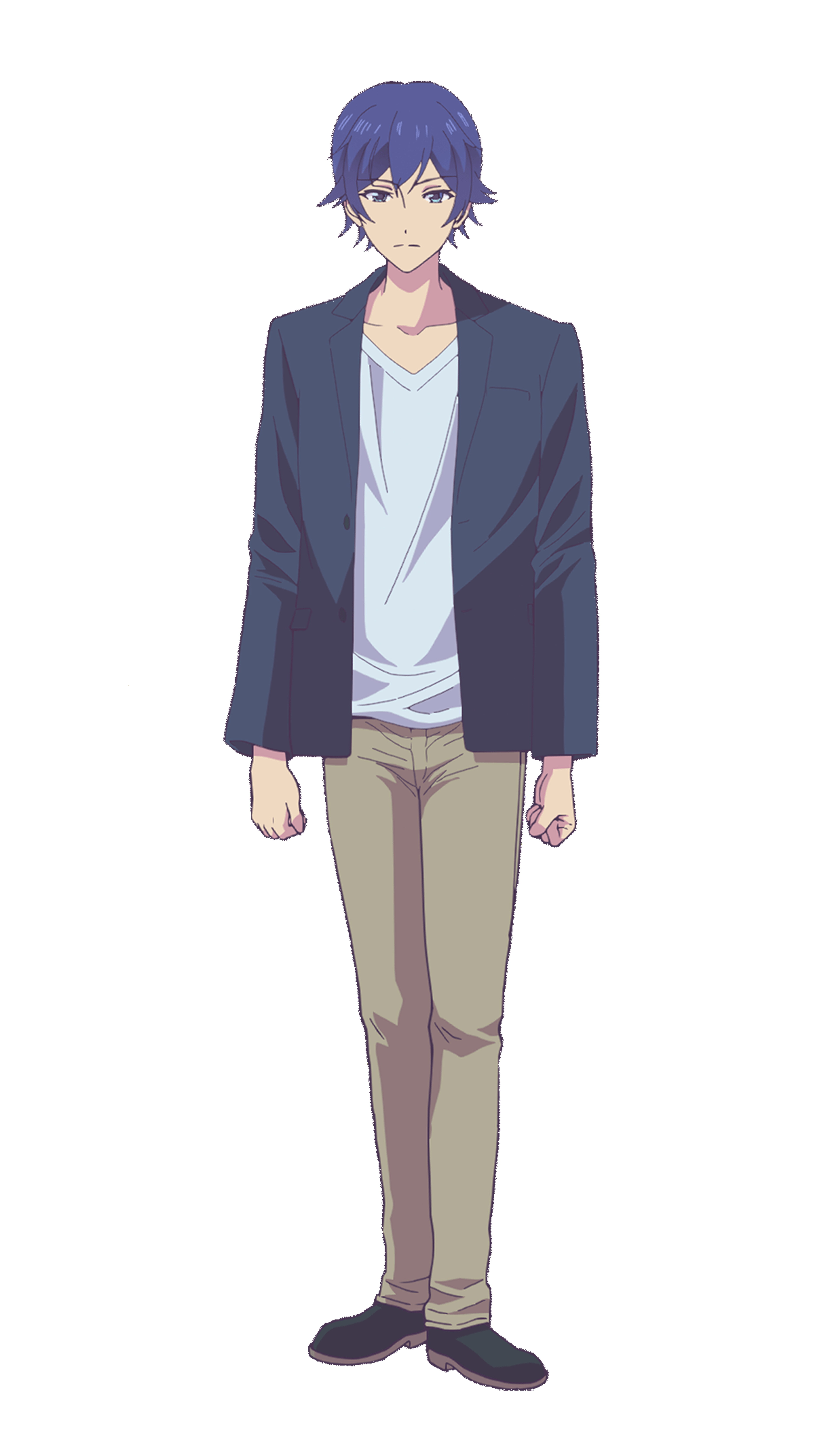 A young man with blue hair and a gray jacket