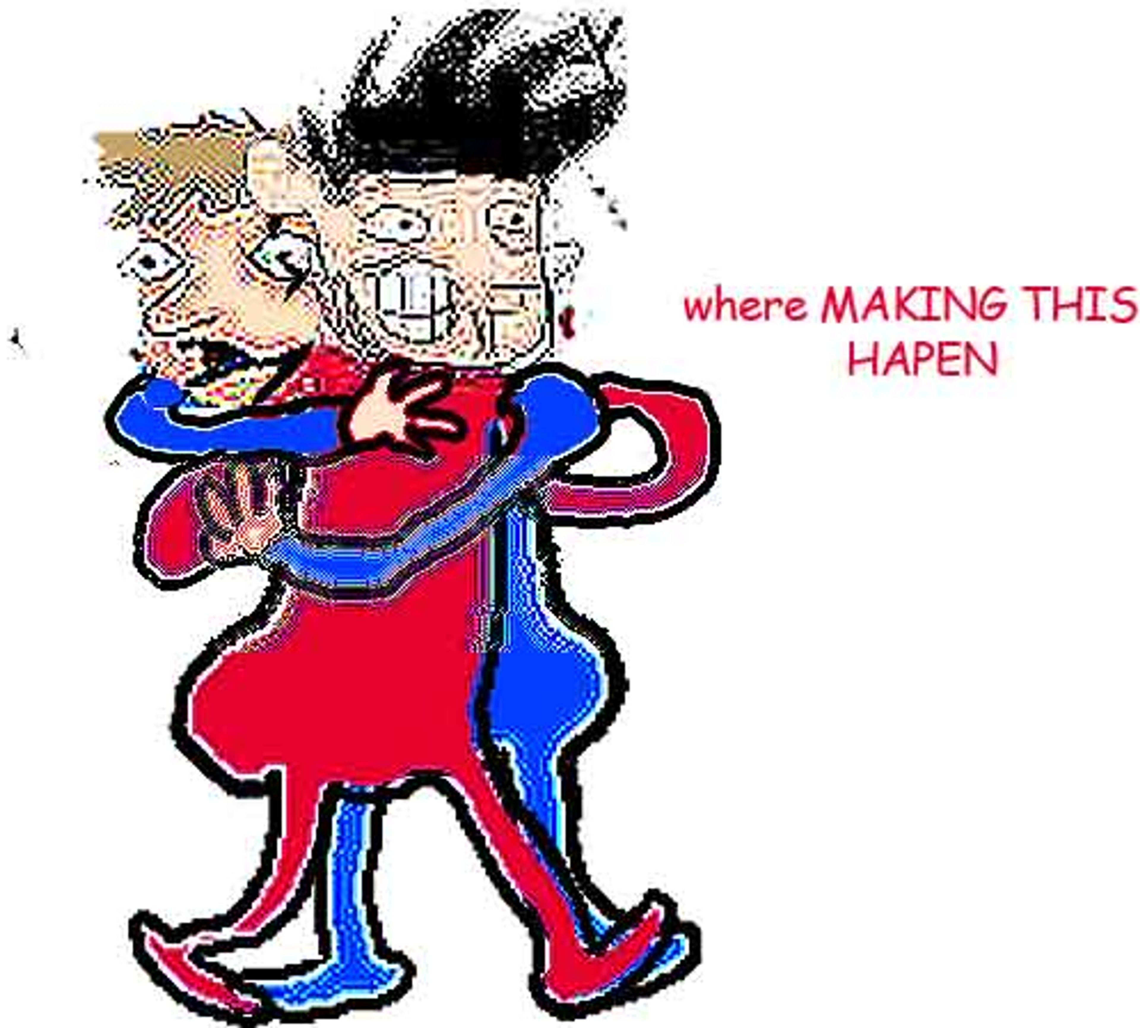 An animated character with an exaggerated, bearded face and a red shirt or jacket, appearing frustrated or distressed.