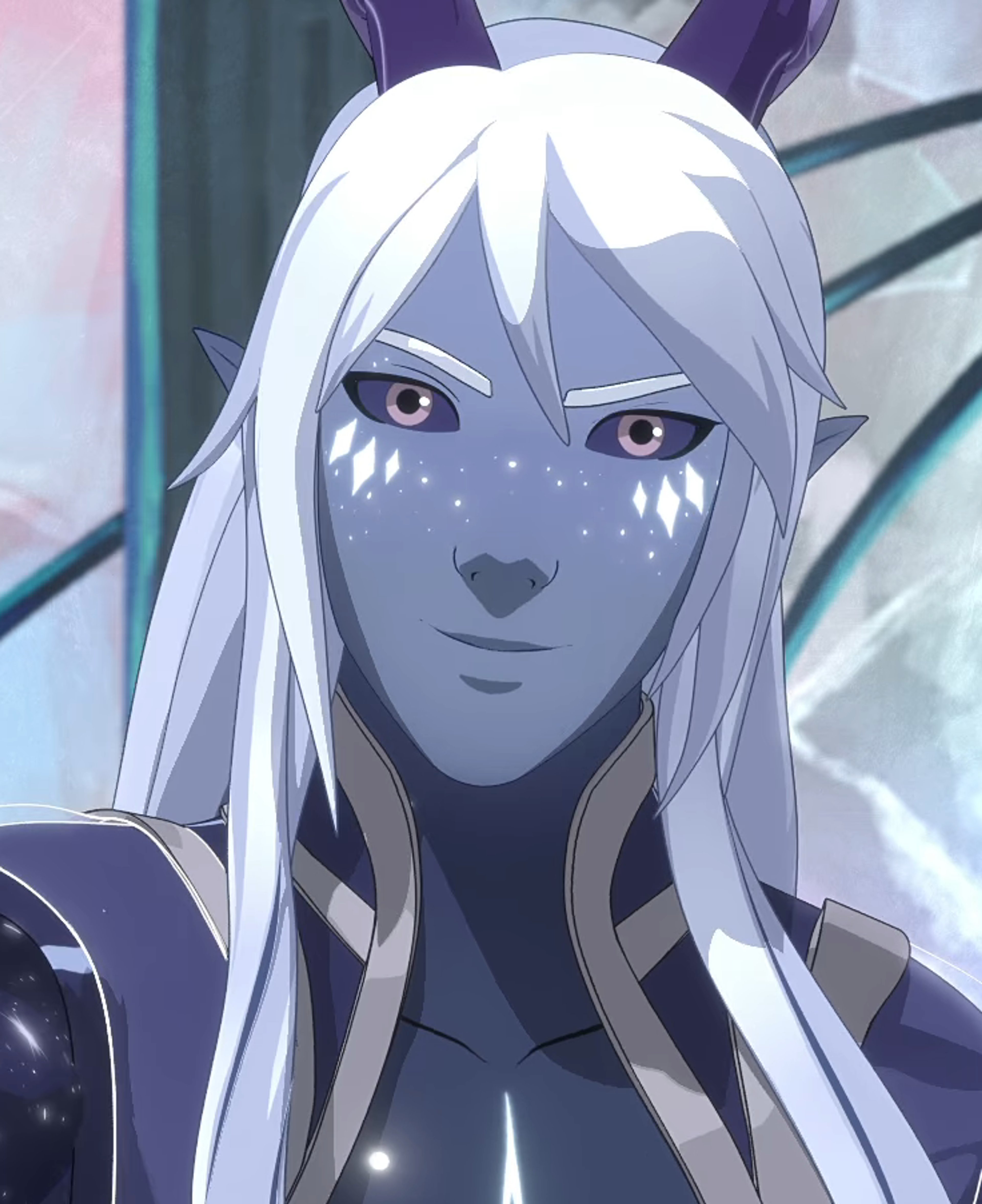 A powerful and ancient Startouch Elf named Aaravos with midnight blue skin, glowing star-like markings, long white hair, and striking yellow eyes with black sclera.