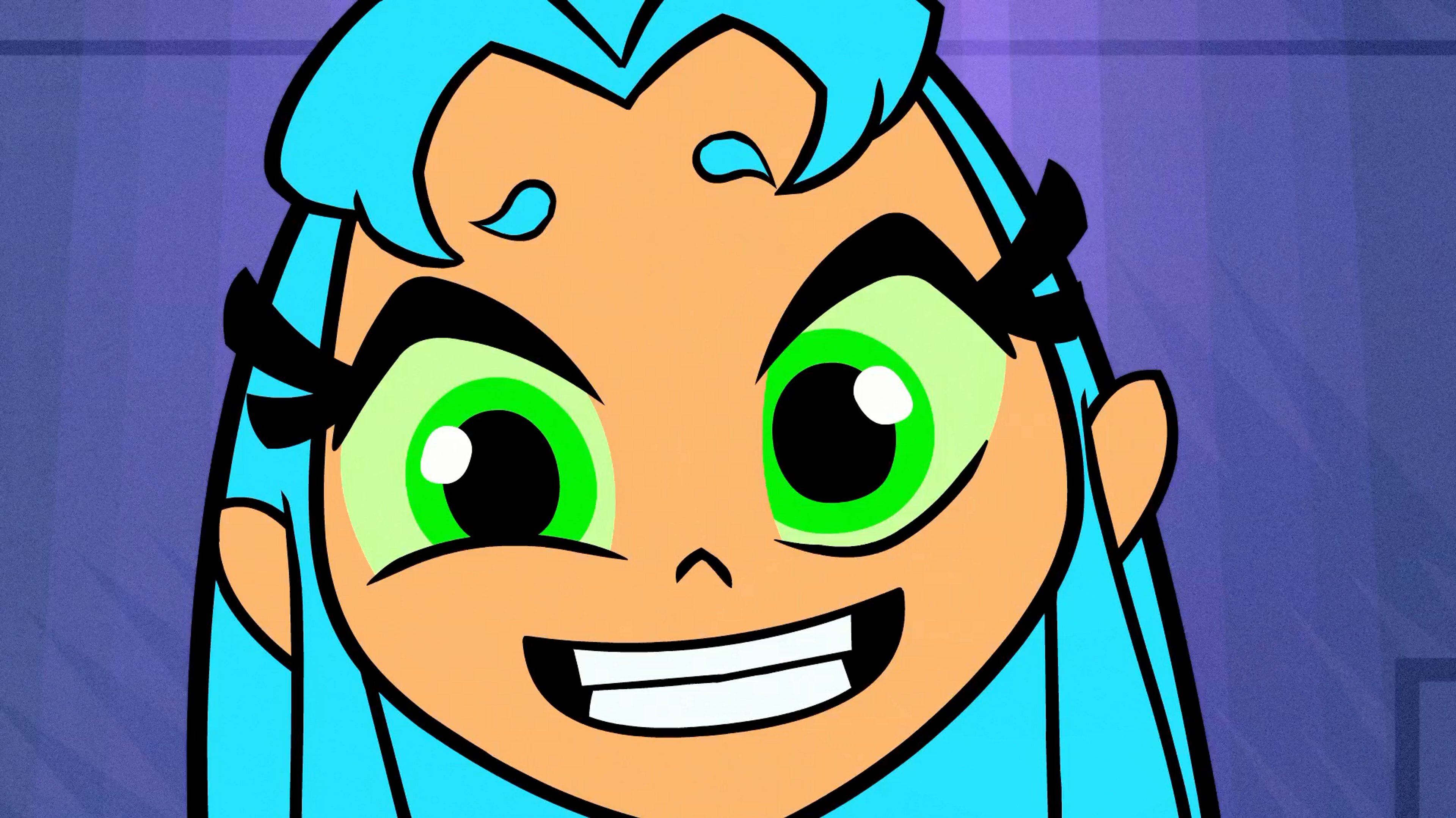 A cartoon character with cyan hair and a wide, toothy grin wearing a sky-blue outfit.