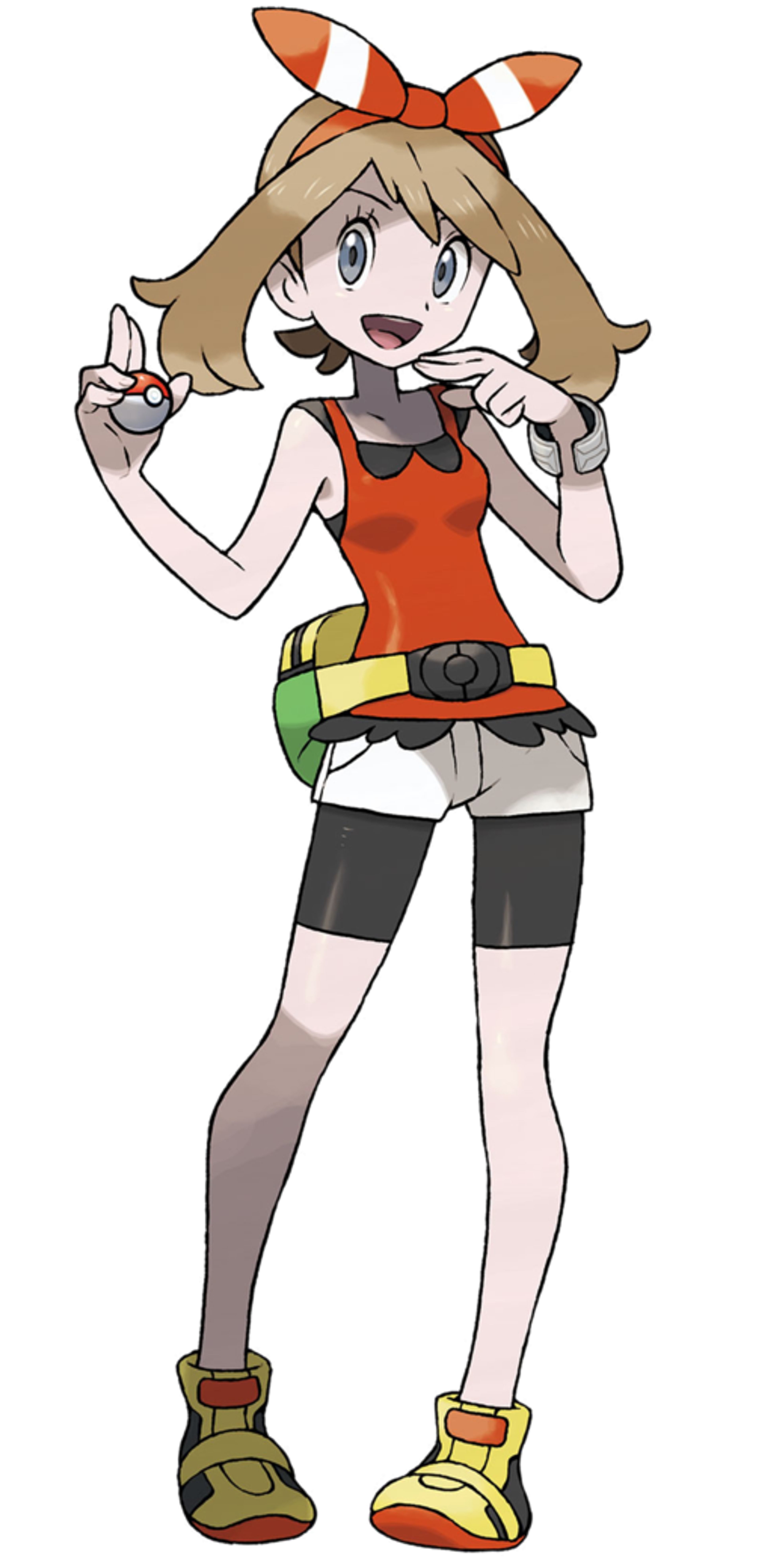 An anime-style character with blonde hair and red bows, wearing an orange tank top, black shorts, and red and yellow sneakers, making a peace sign gesture.